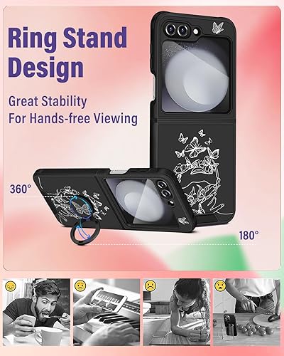 Miniatura 3 de Funda para Samsung Galaxy Z Flip 5 - Funda de teléfono con diseño de mariposa para mujer, diseño estético negro con soporte de anillo, funda de moda