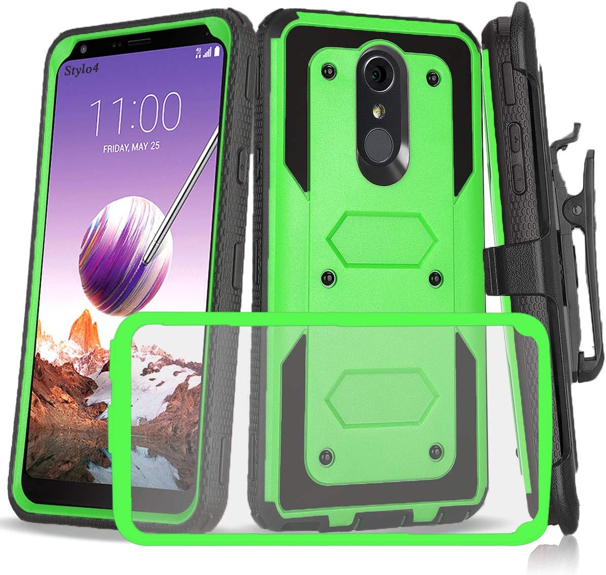 Stylo 4 Case/Stylo 4 Plus with Shockproof [Built-in Screen Protector] Full-Body Heavy Duty PC Back & Soft TPU Inner Armor Swivel Belt Clip Combo Holster Heavy Duty Protective Case[Kickstand],Green