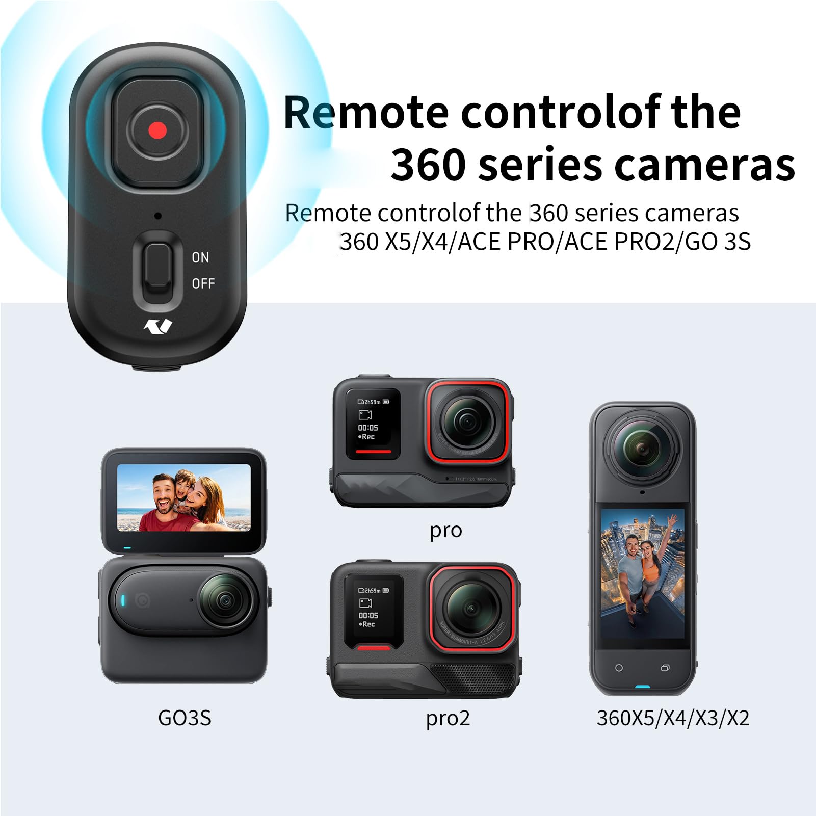 Telecomando per fotocamere a portata di 10 m, 4 funzioni, lunga durata della batteria compatibile con action cameras Insta 360 X5/4/3/2, Ace/AcePro/AcePro2 e GO3S
