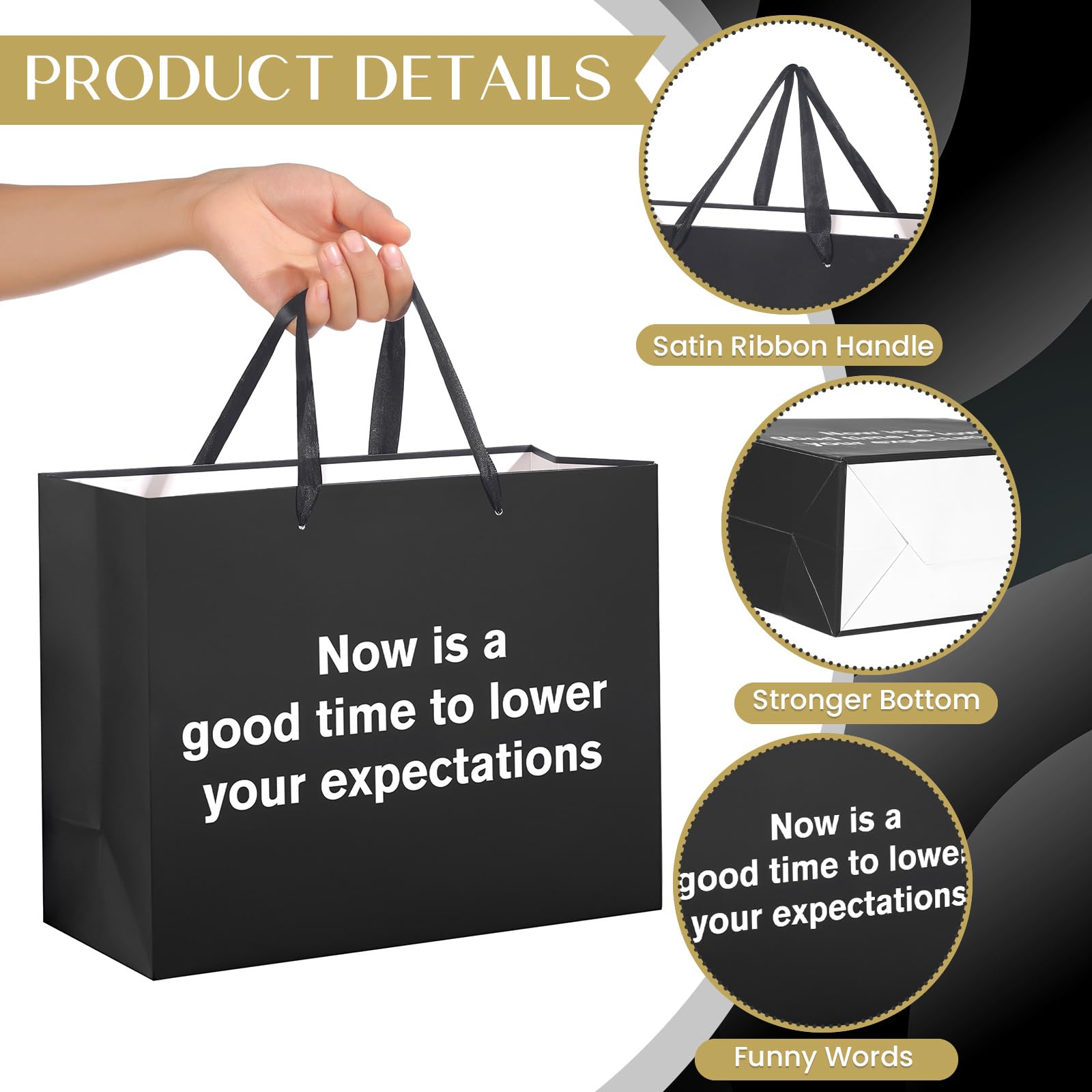 Funny Gift Bag To Lower Your Expectations Black Gag Gift Bags with Tissue Paper and Greeting Card Inappropriate Snarky Funny Birthday Gift Wrapping Paper for Office Coworker Best Friend Men Women