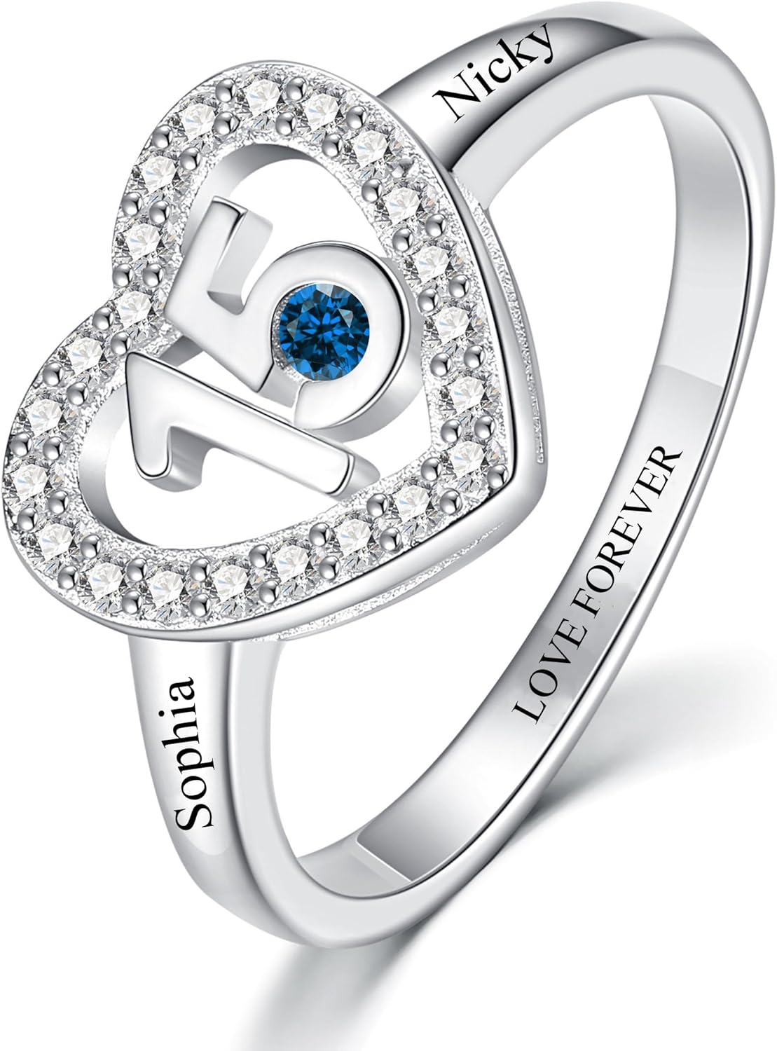925 Sterling Silver Personalized Daughter Sweet 15 Heart Rings Engraved 15th Birthday Ring with Created Birthstone Gift for Women