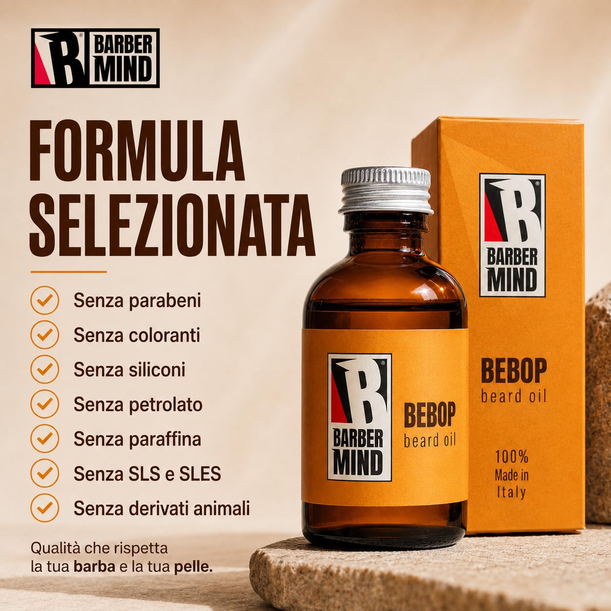 Barber Mind Bebop Olio da Barba Uomo, Beard Oil con Oli Essenziali di Lavanda, Menta Piperita e Rosmarino per Barba Morbida, Idratata e Profumata, Made in Italy, 50 ml