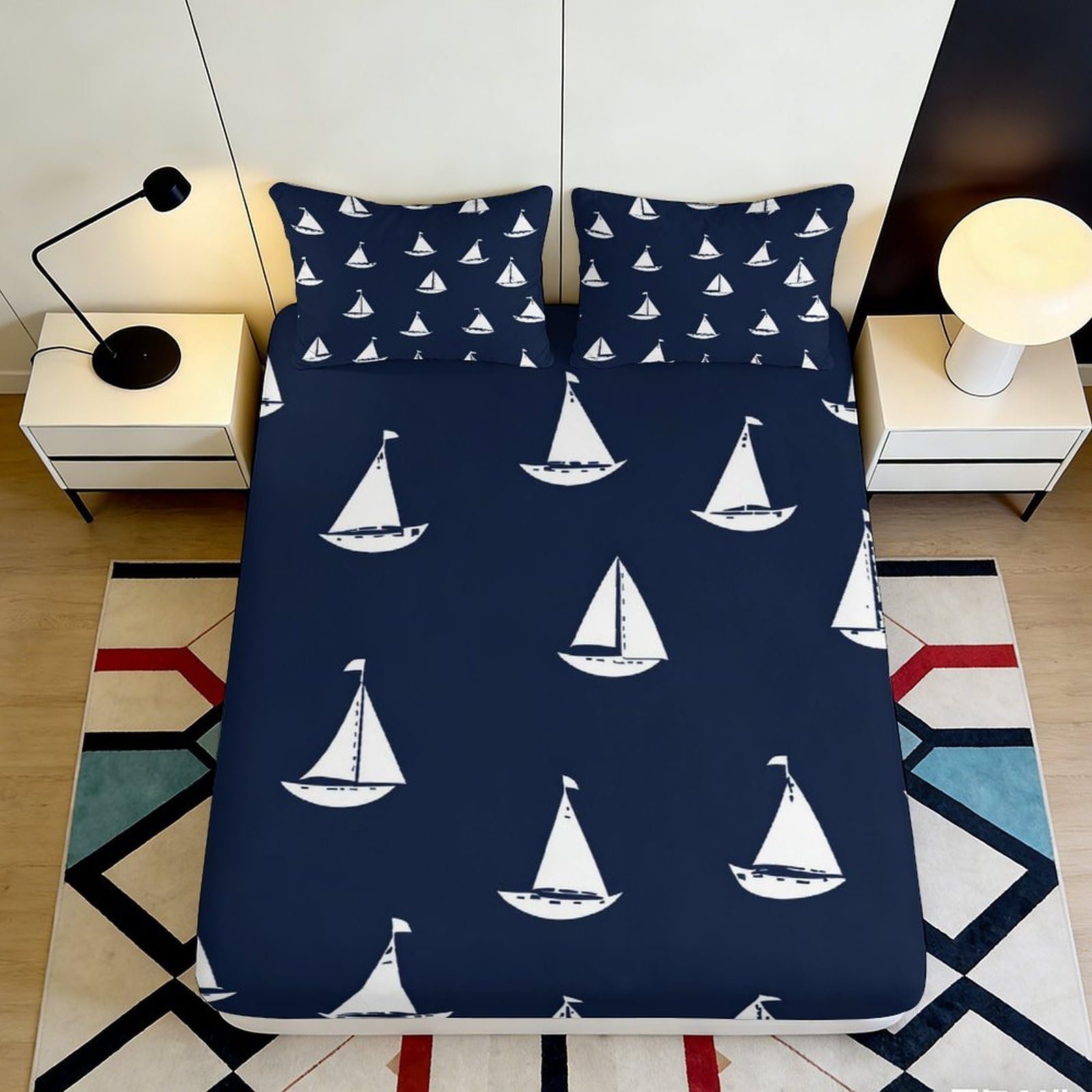 3D Printed Sailboat Fitted Sheet Microfiber Deep Pocket Bedroom Set Sailboat Mattress Fitted Cover Non-Slip Wrap 90x200x25cm