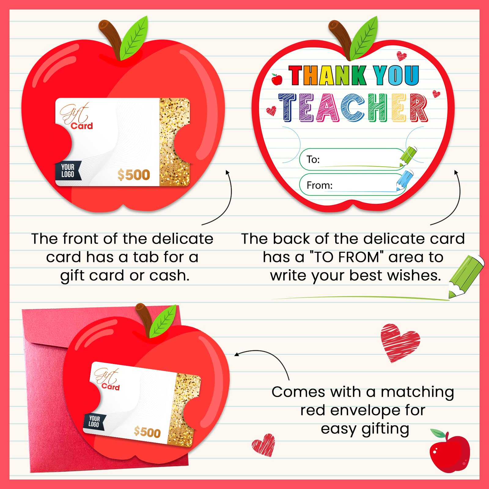 JUESMOS 8 Pack Teacher Gift Cards Holder Teacher Appreciation Week Apple Card Holder Money and Gift Card Sleeves for End of Year Preschool Kindergarten High School Graduation Gifts