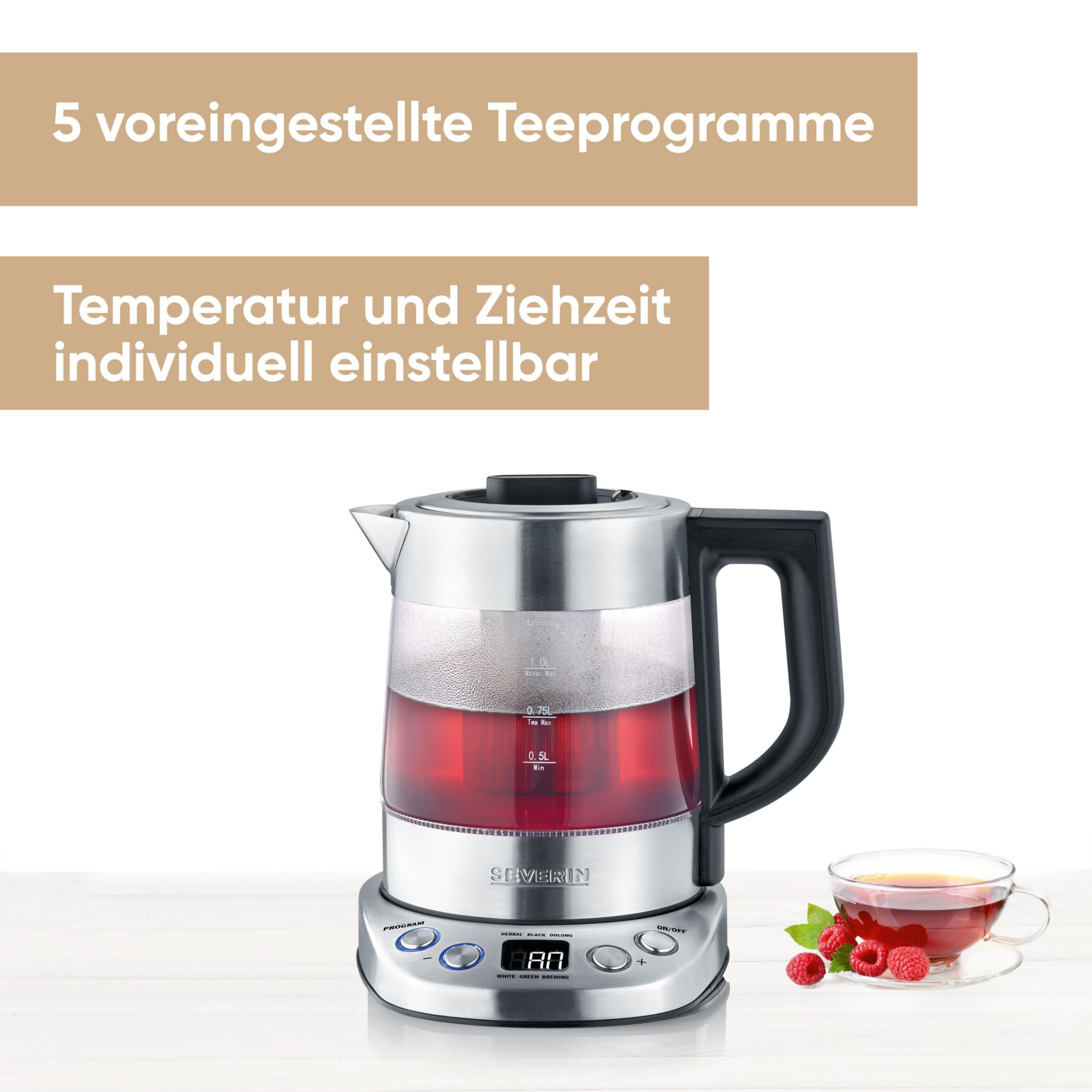 SEVERIN Glas Tee- und Wasserkocher Mini Deluxe (1.0L Wasser / 0.75L Tee), Teekocher mit einstellbarer Temperatur und Ziehzeit, Glas Wasserkocher mit voreingestellten Teeprogrammen, 2.200 W, WK 3473