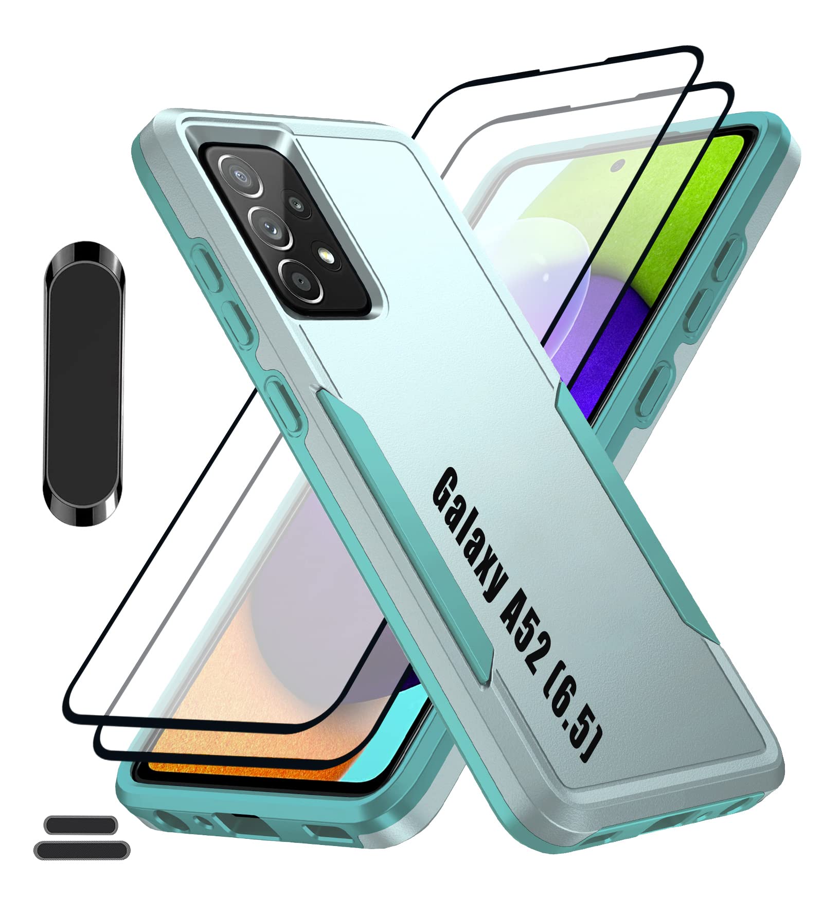 LMDAMZ for Galaxy A52(5G) 6.5 Inch Double Layer Hybrid Military Grade Rugged Shock Resistant Drop Case with 1 PCS Magnetic Car Mount and 2 PCS HD Tempered Glass Screen Protector (Green)
