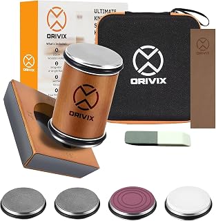 Orivix Rolling Knife Sharpener Kit: Magnetic 4-Angle Base, 3.86in Extended Wooden Roller, 4 Grit Discs & Leather Strop