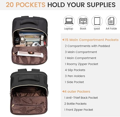 Miniatura 4 de LOVEVOOK Mochila para computadora portátil para mujer, mochila para profesores, enfermeras, trabajo, viajes, mochila para computadora, Negro-1,