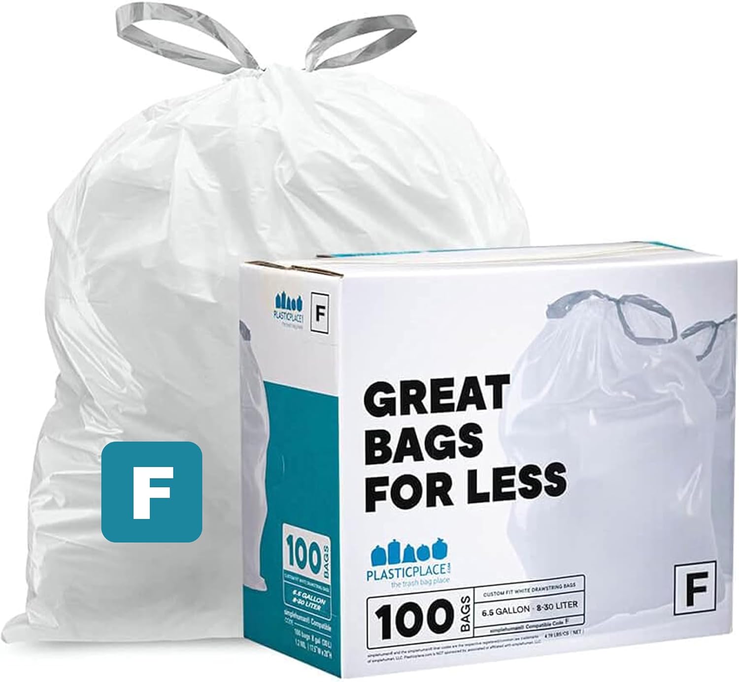 Plasticplace Custom Fit Trash Bags, Compatible with simplehuman Code F (100 Count) White Drawstring Garbage Liners 6.5 Gallon / 25 Liters, 21.75" x 20"