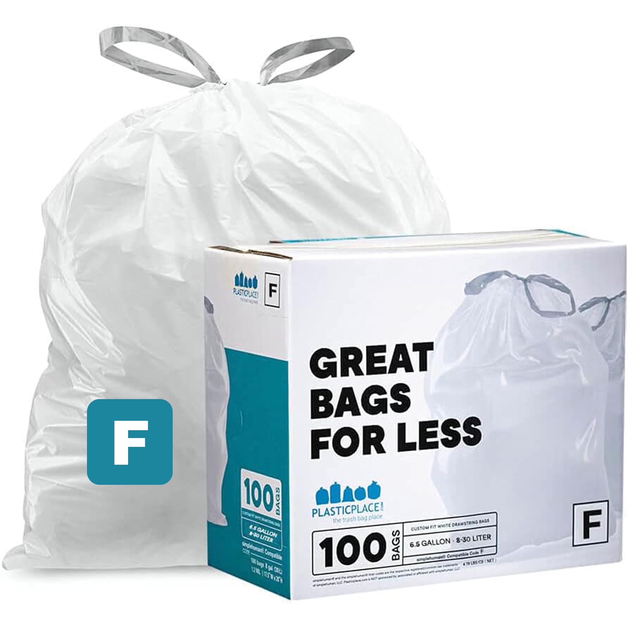 Plasticplace Custom Fit Trash Bags, Compatible with simplehuman Code F (100 Count) White Drawstring Garbage Liners 6.5 Gallon / 25 Liters, 21.75" x 20"