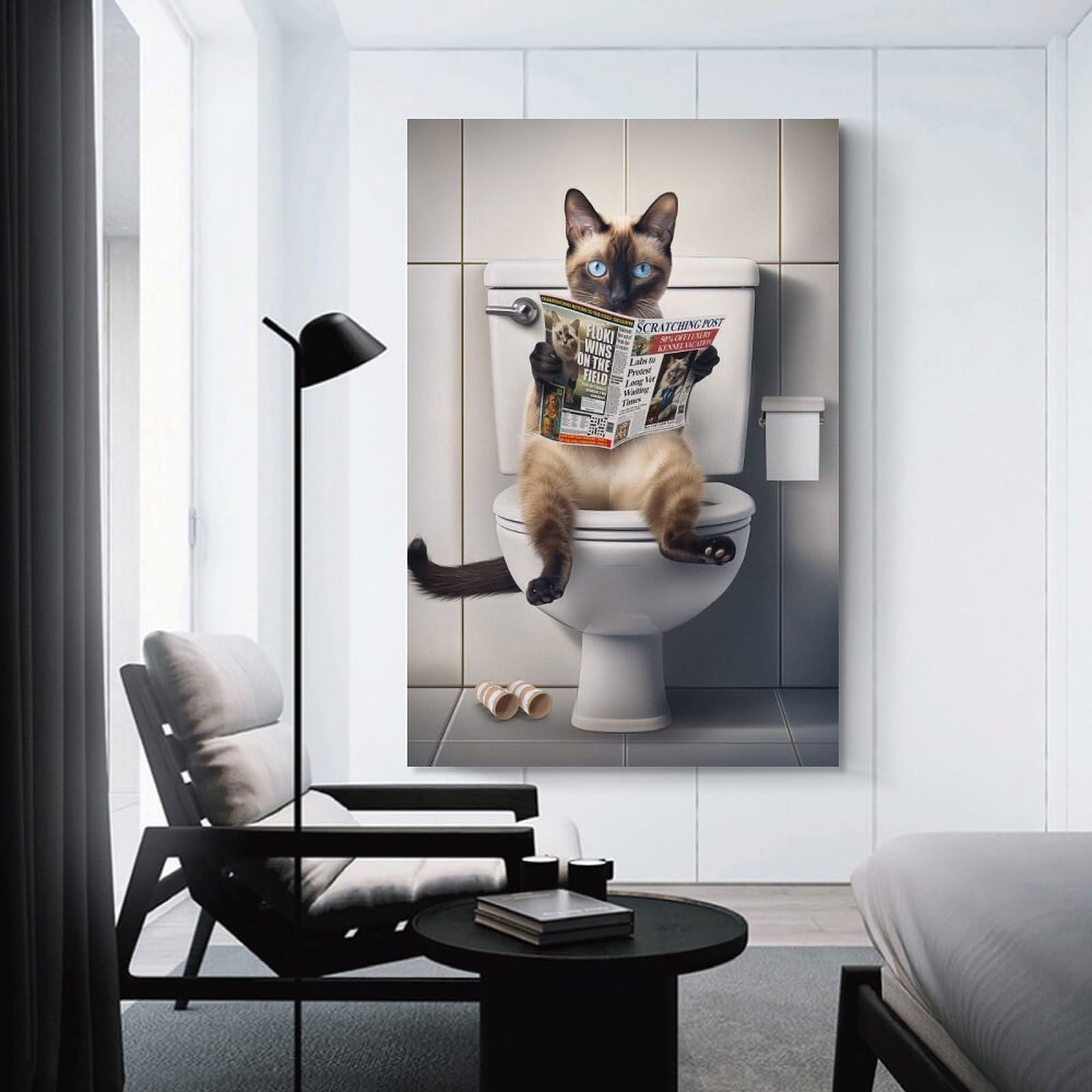 Junmoney Unframe-Style-3 Siamese Cat On The Toilet Decorative Canvas Print, 24X36inch(60X90cm), For Home, Office, Studio Or Guest Room, Versatile Wall Decor For Many Rooms