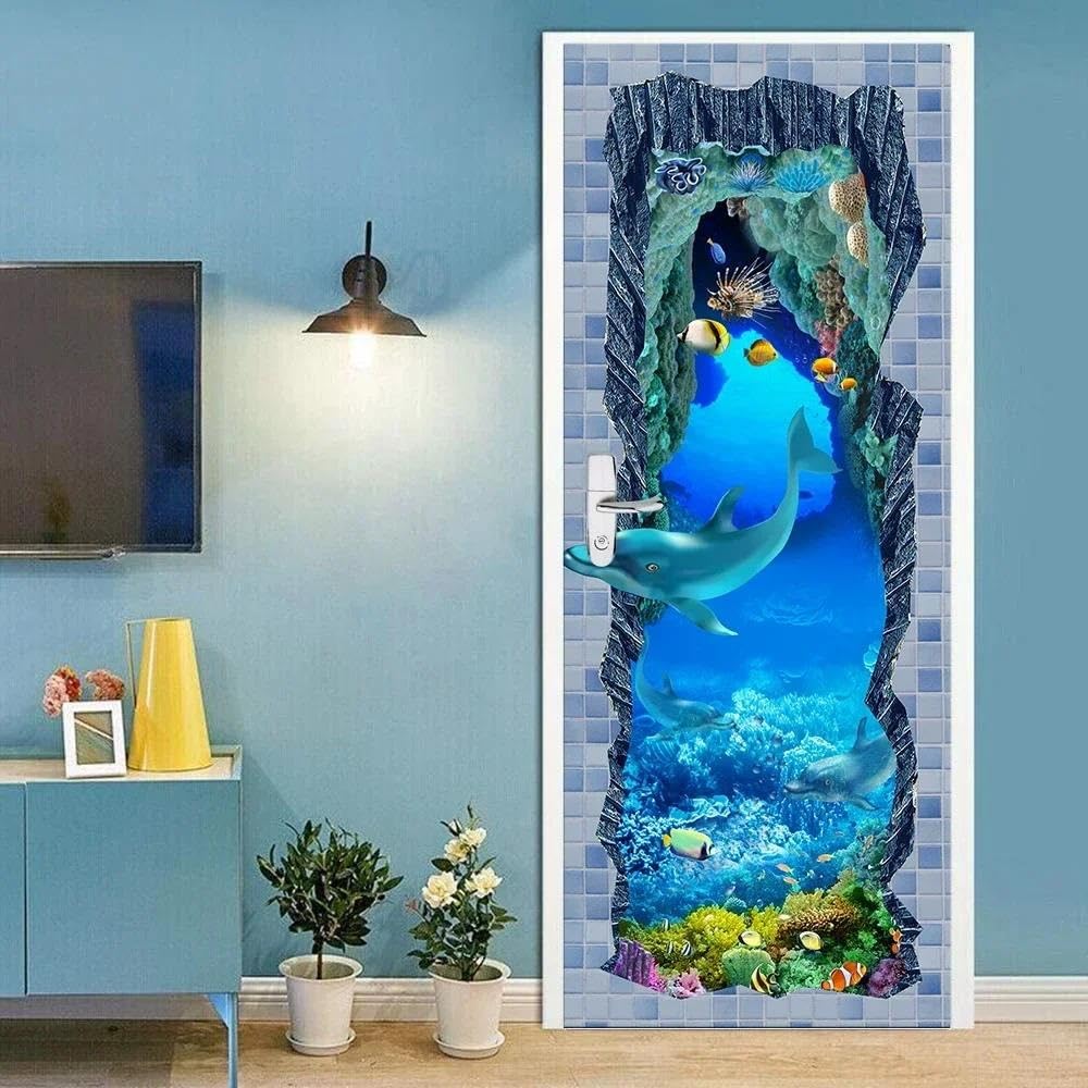 Sticker autocollant de porte poisson requin 77x200cm pour déco de chambre d'enfant