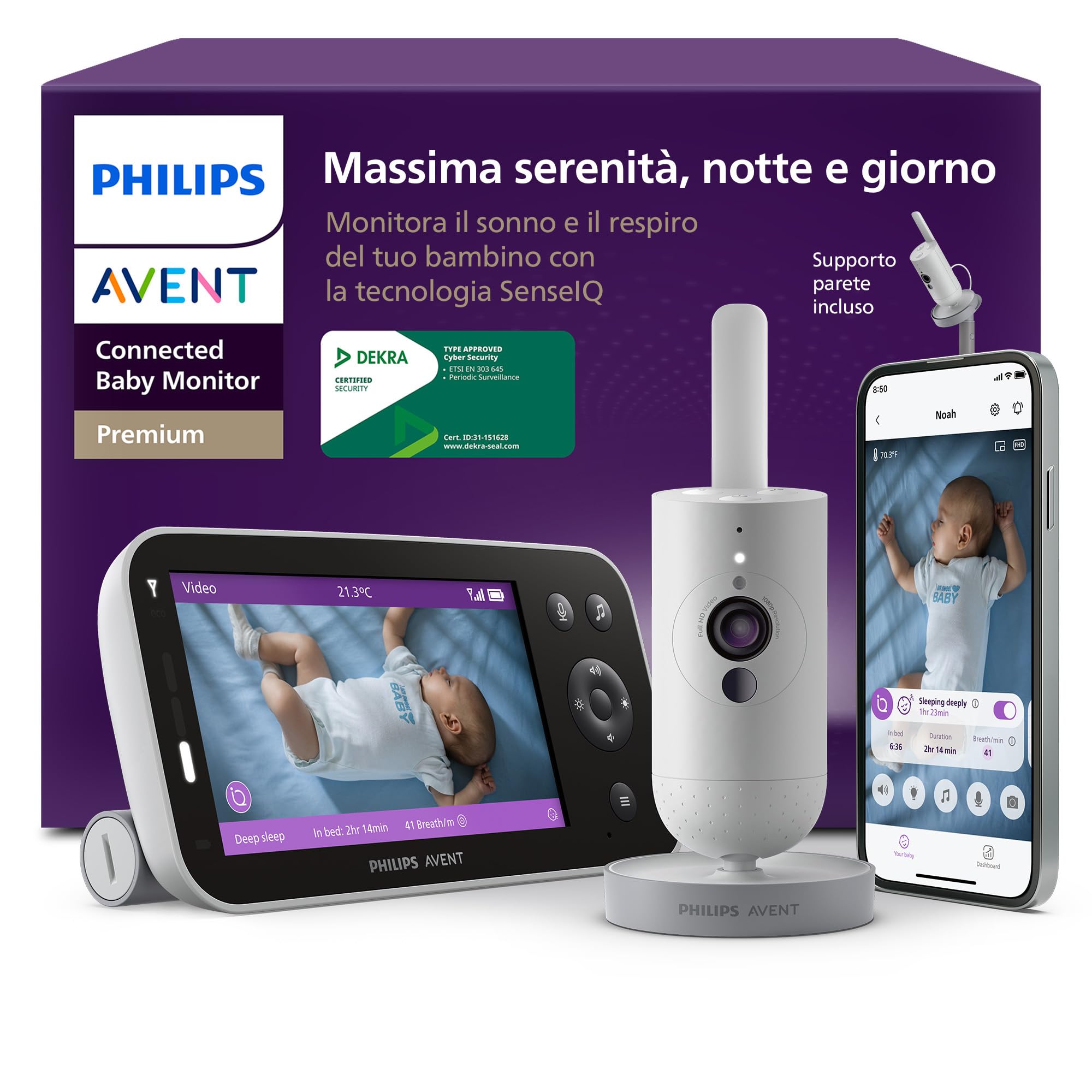PHILIPS Baby Monitor Premium Connected Avent con app - videocamera HD 1080p, monitora sonno e respirazione con IA, traduzione pianto, certificato DEKRA per sicurezza, supporto da parete, SCD974/26