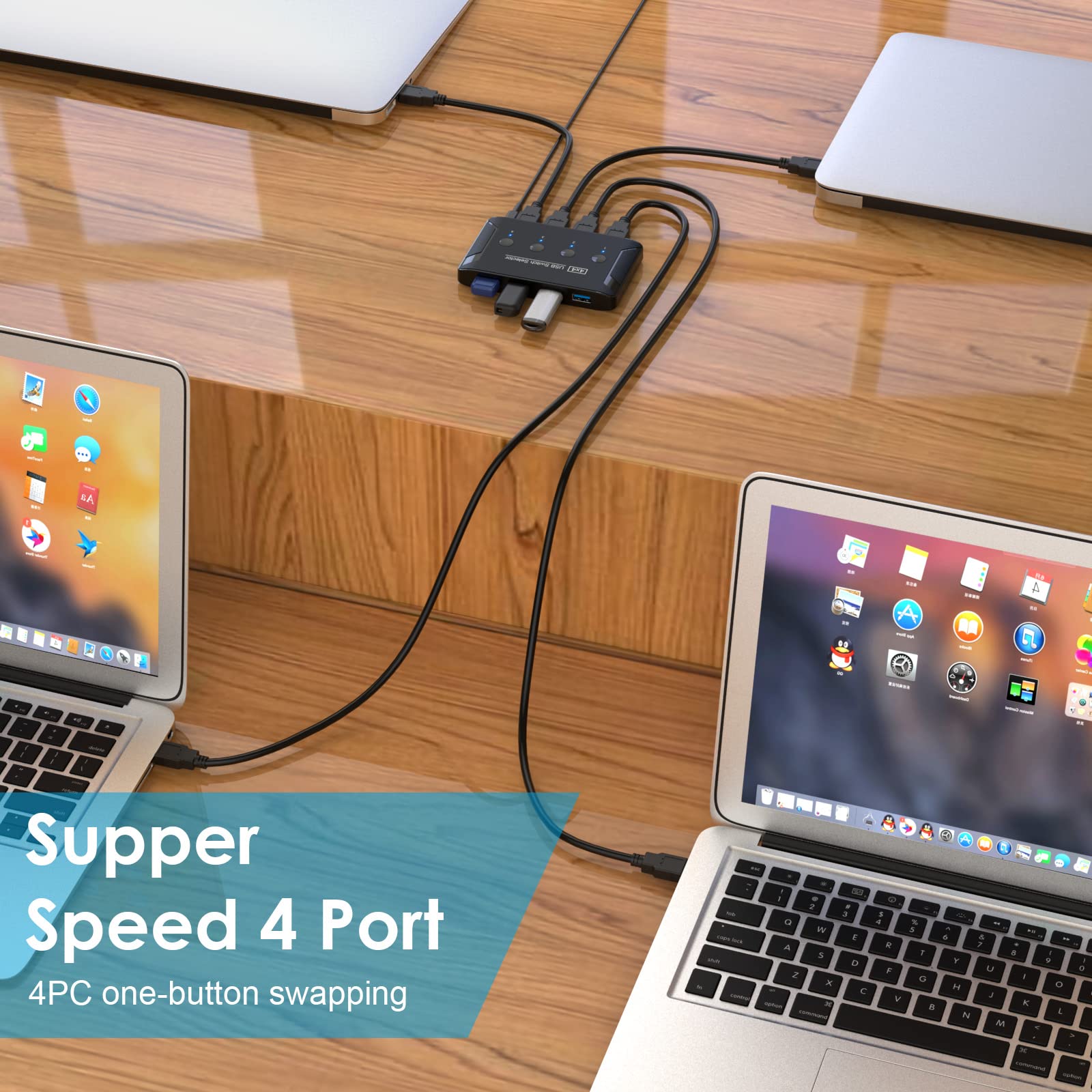 USB 3.0 Switch, Hochwertiger USB Switch für Computer zum Teilen von 4 USB-Geräten für Tastatur, Maus, Drucker, Scanner, Gerät kompatibel mit Mac/Windows/Linux