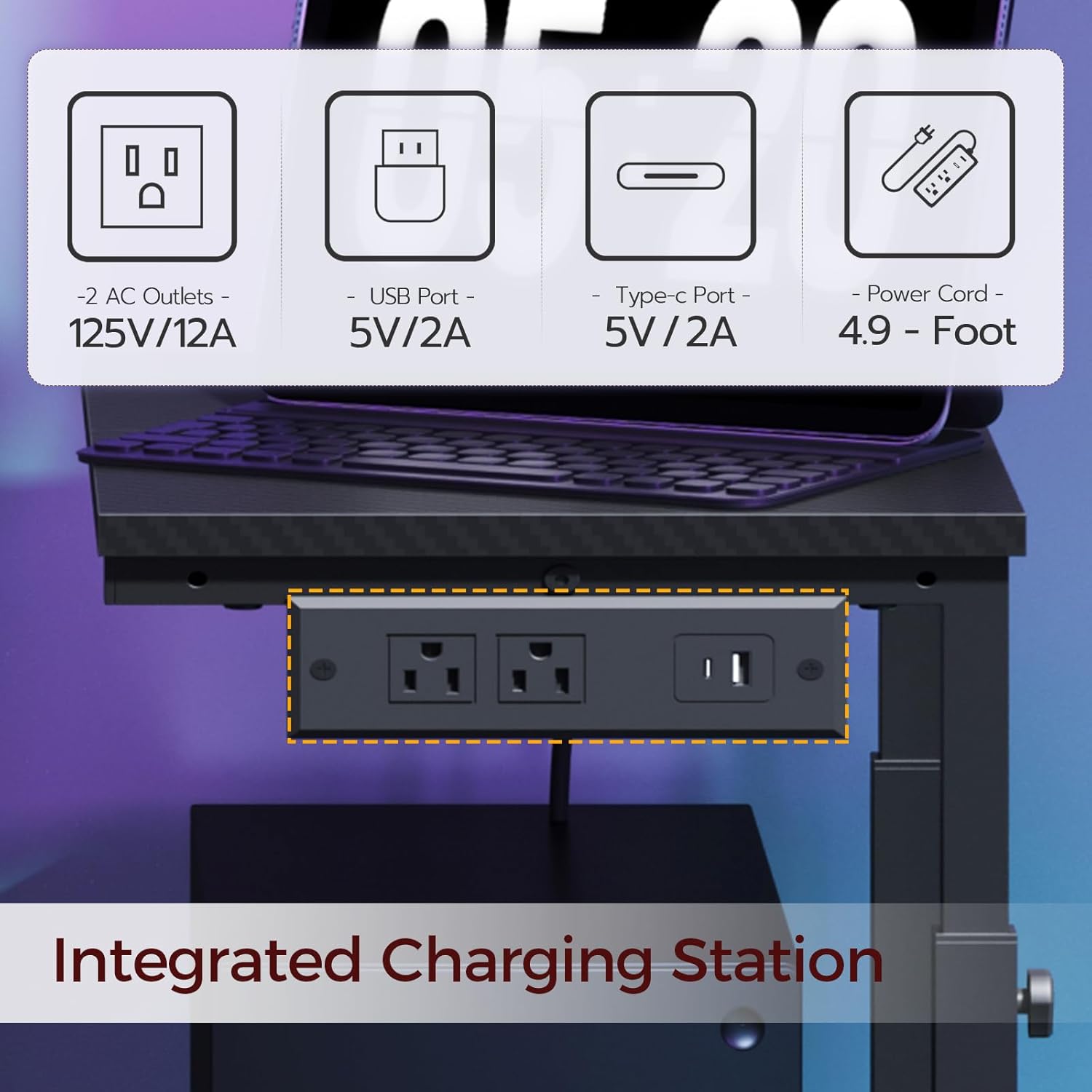 Close-up of the integrated power outlet on the MAHANCRIS PCHS216E01 stand, showing AC outlets, USB-A, and Type-C ports