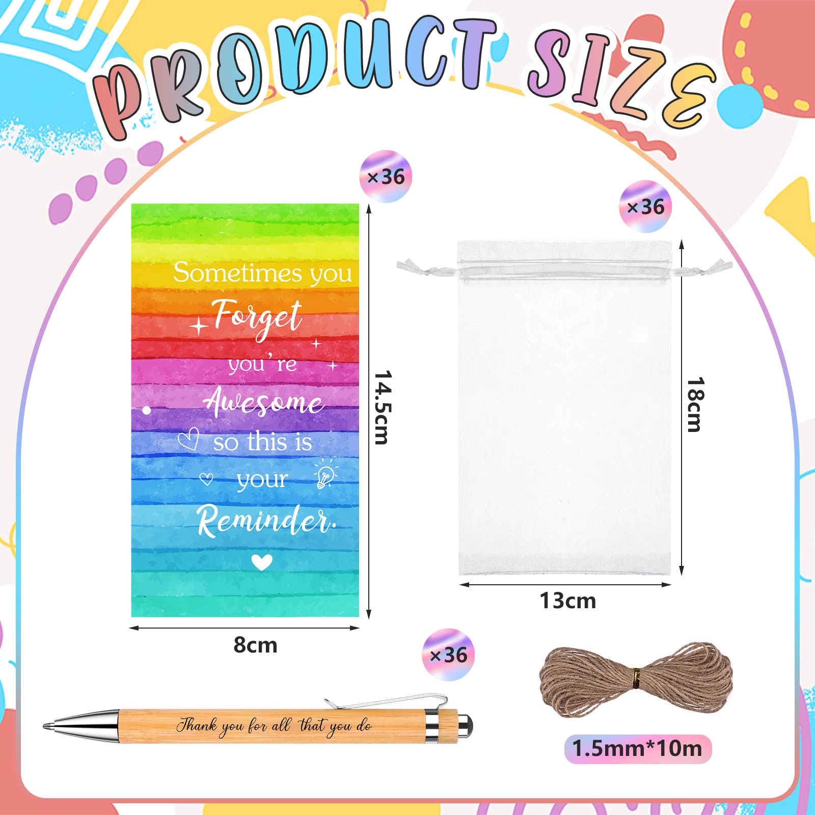 36 Sets Thank you Gifts Motivational Pens Employee Appreciation Gifts Inspirational Bamboo Ballpoint Pens with Rainbow Cards Organza Bags for Colleagues Teacher Volunteer Team Bulk Gifts - Image 2