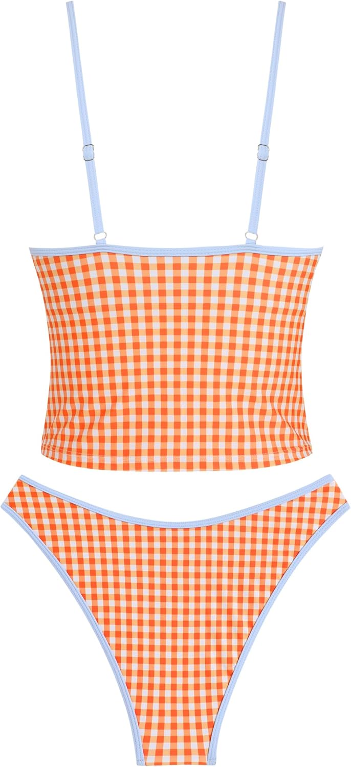 ZAFUL Women's Spaghetti Strap Tankini Swimsuits V Neck Tummy Control Tie Side Thong Bikini Swimsuits 2 Piece Bathing Suits