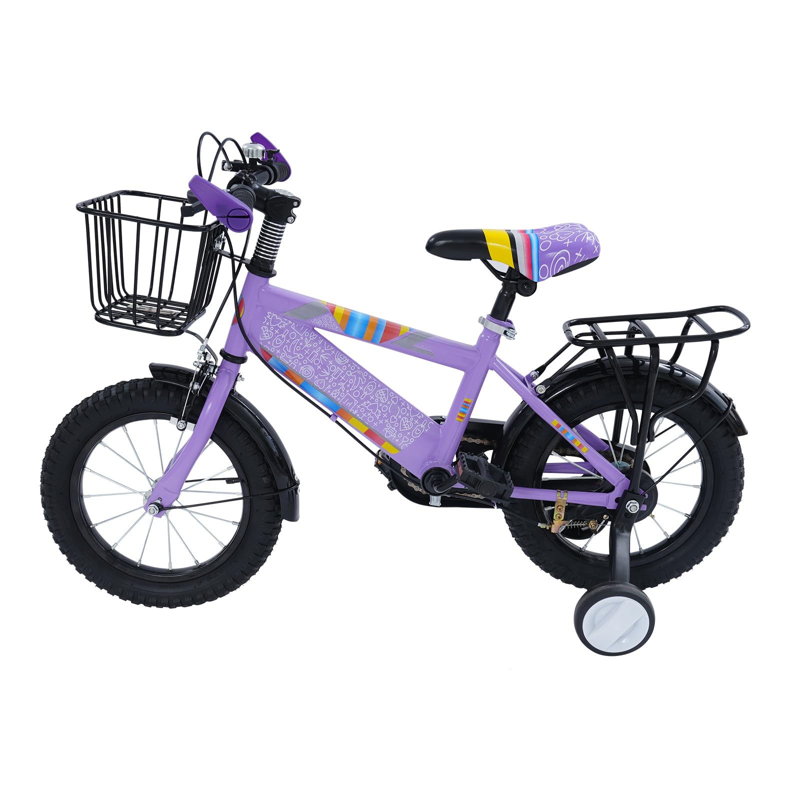 Bicicletta per bambini 14 pollici con stabilizzatore e cestello viola fino a 50 kg 3-6 anni