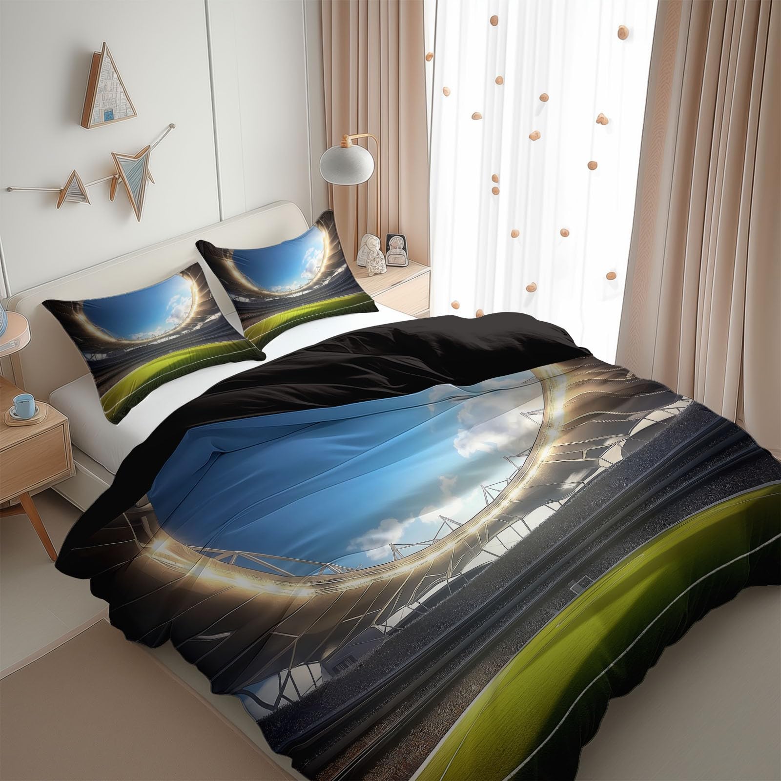 Green Duvet Cover Twin Size 2 Pieces Football Field Grass, Bedding Room Decor Bedspread for Kids Teens, Comforter Quilt Cover Bedding Set with Pillow Sham