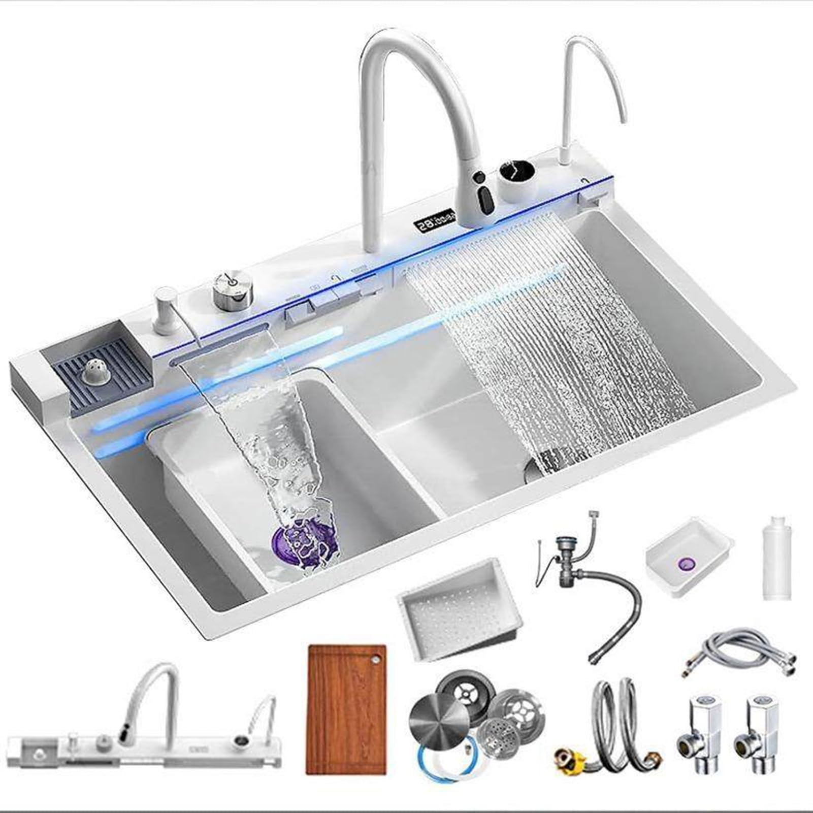 ZQFHSX Two Waterfalls Smart Kitchen Sink Stainless Steel Vegetable Wash Basin With Various Accessories(68 * 46CM)