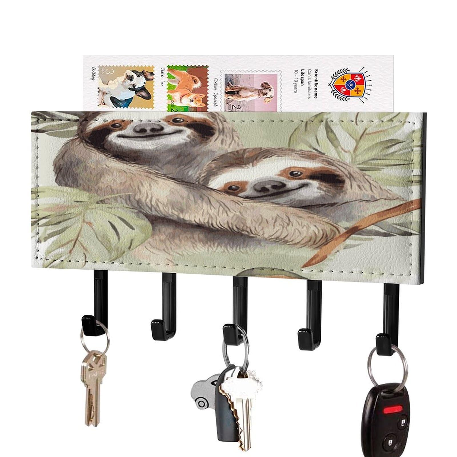 LDGSUPH Watercolor Sloth Key Holder Wall Mount Key Hanger with 5 Hooks Fashion Key Organizer Rack Hanging Key Hooks with Mail Organizer Key Rack for Home Entryway Hallway Black-Style