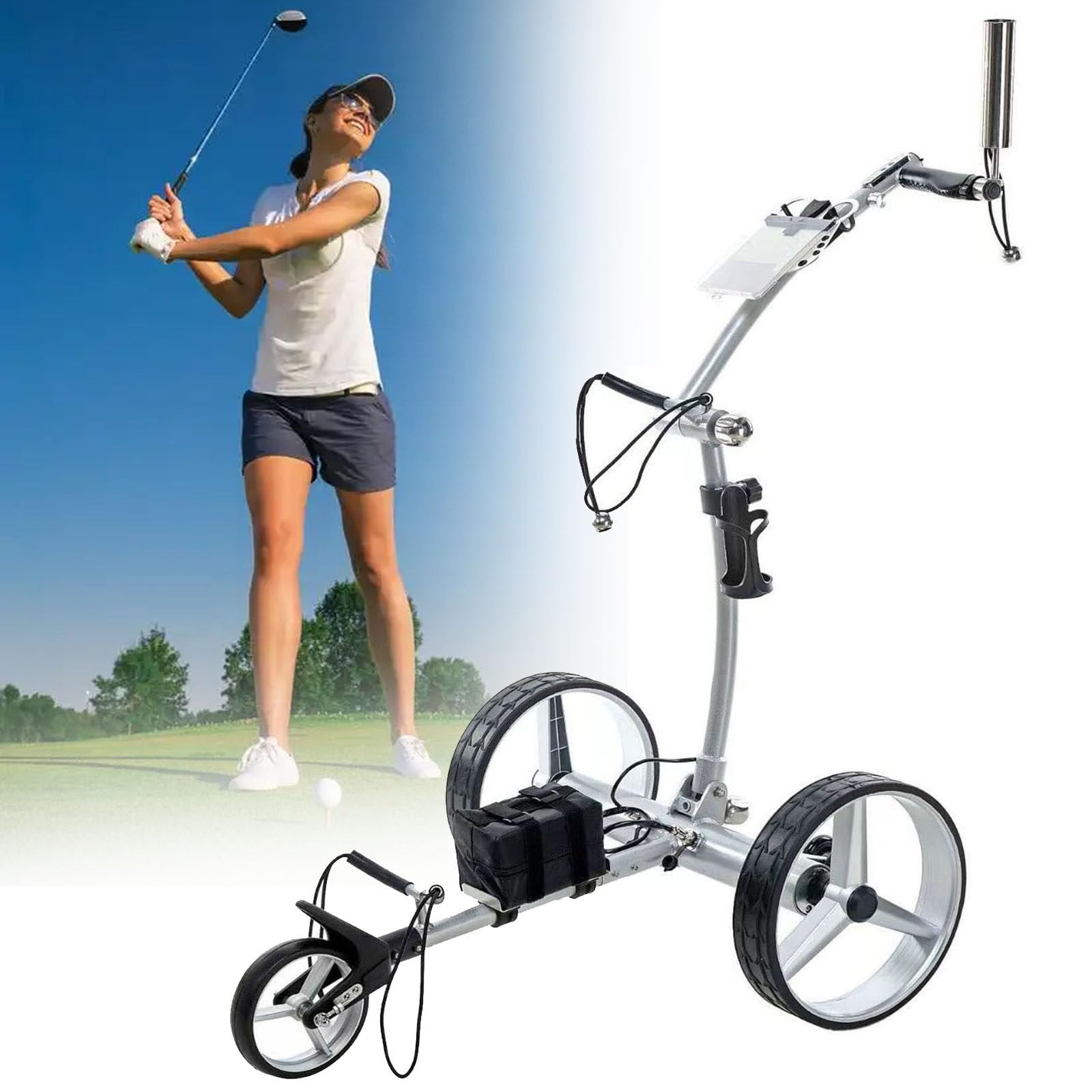 Carrello Elettrico da Golf A 3 Ruote - Design Leggero E Pieghevole, Adatto al Bagagliaio Dell'Auto, capacità 30 kg, velocità Regolabile con Tabellone Segnapunti E Supporto