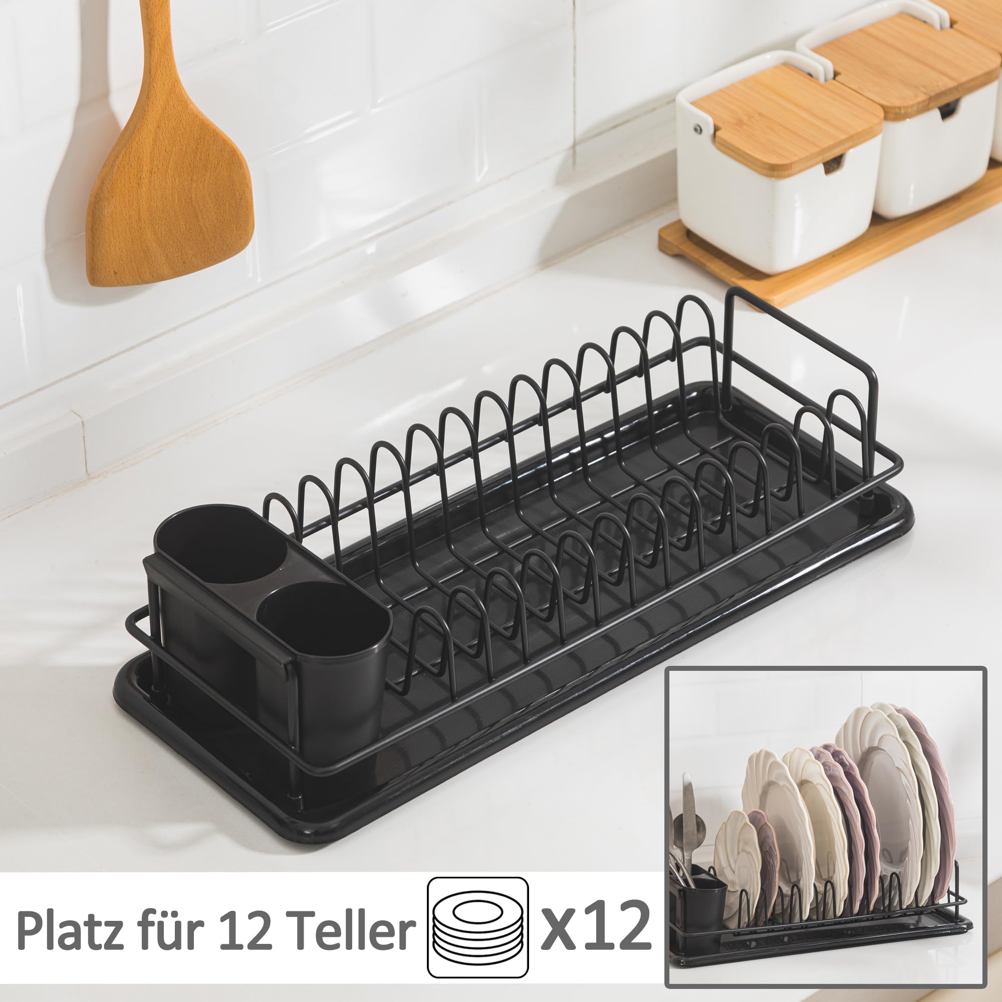 Abtropfgestell Geschirr klein, Geschirrabtropfgestell mit Abnehmbarer Haken und abtropfschale, Geschirr abtropfständer für Spüle, bis zu 12 Teller + Besteck, 41 x 17 x 10cm (schwarz)