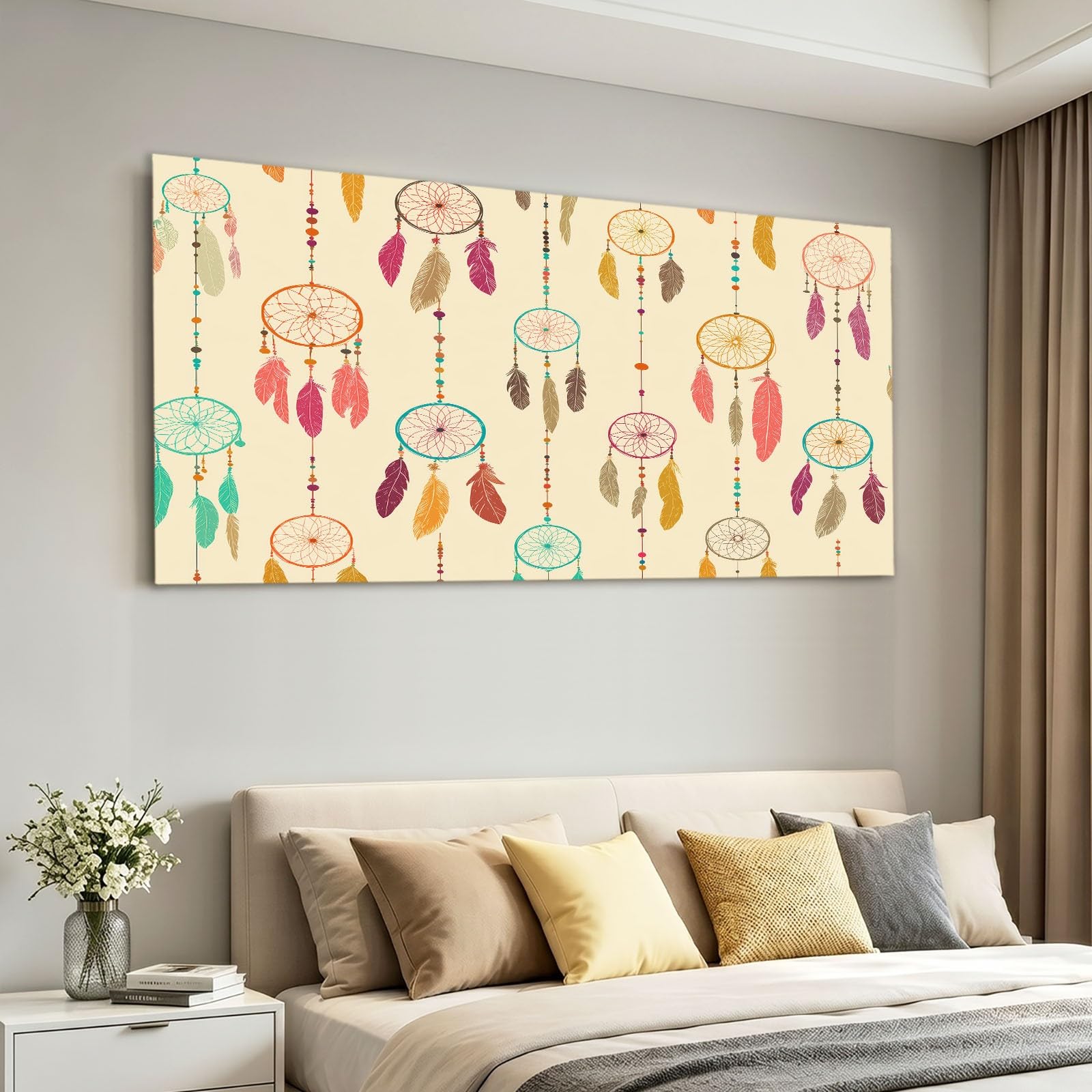 Leinwandbild 90 x 60 cm Wandbild Böhmisch - Bild auf Leinwand mit Braun Traumfänger Federn, Wanddeko für Wohnzimmer, Schlafzimmer, Büro Deko Zimmer