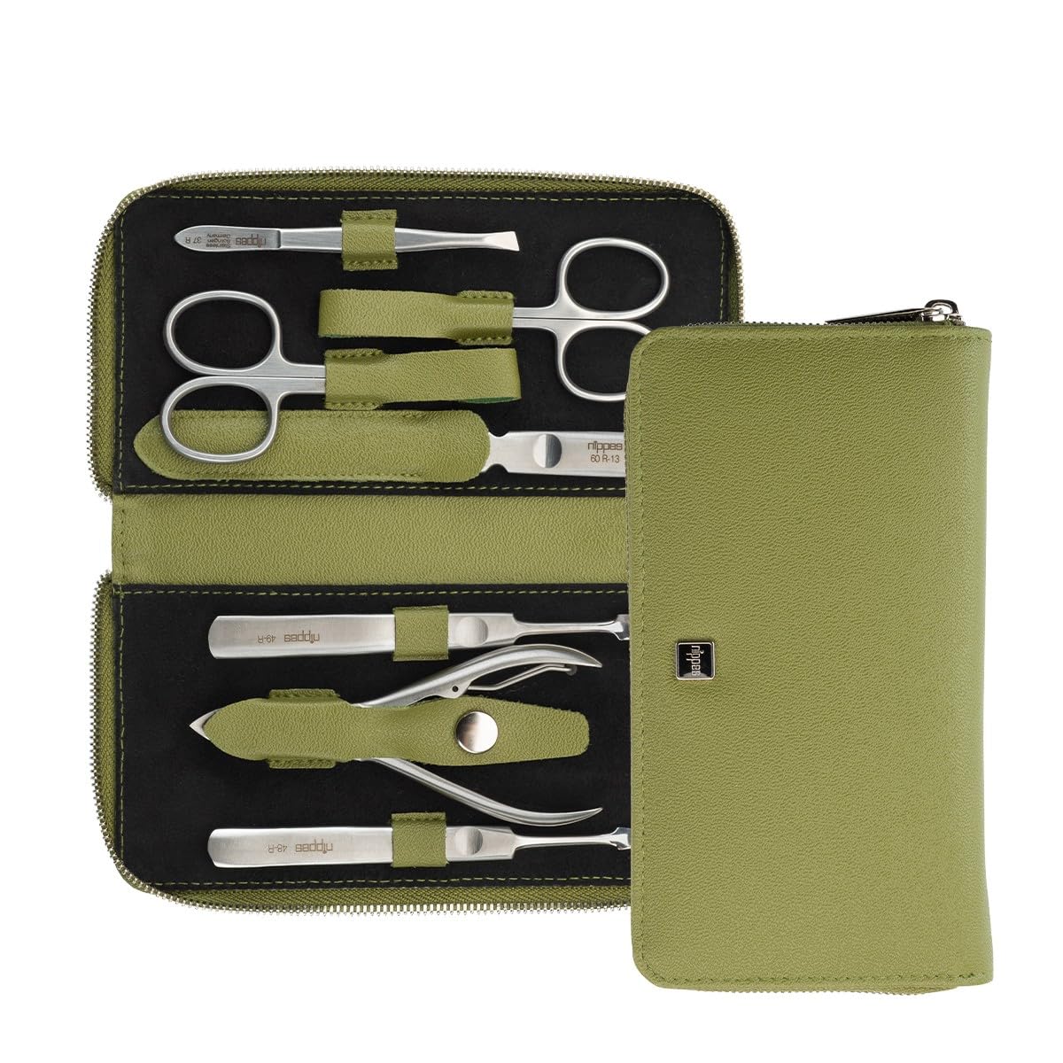 nippes Solingen Maniküre Set Verde, 7-tlg., veganes Eukalyptus-Leder-Etui | rostfrei, nickelfrei, Hautschere, Nagelschere, Saphirfeile, Universalpinzette, Nagelzange, stabiler Druckknopf-Verschluss