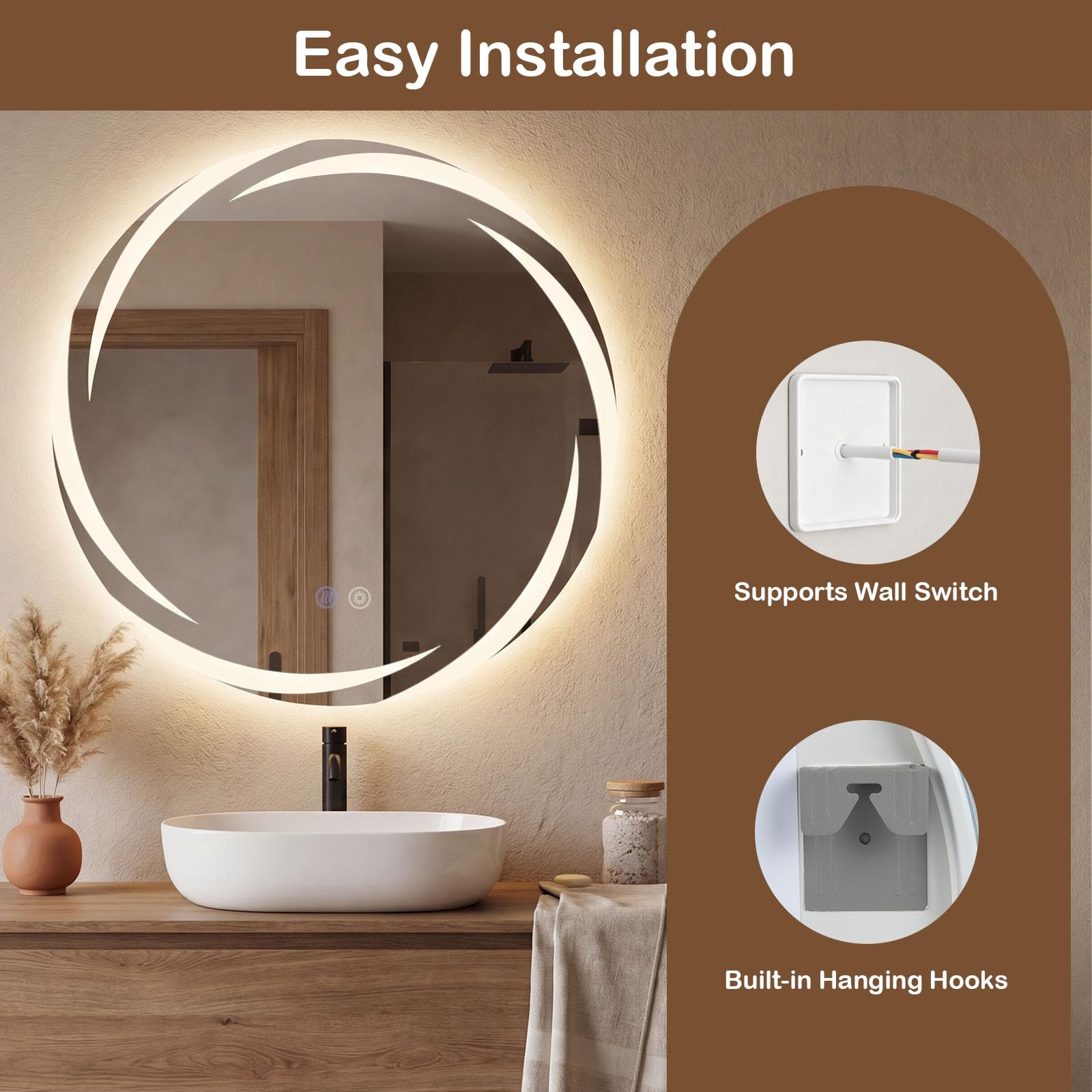 GIANTEX Specchio Rotondo LED per Bagno 60/70/80 CM, Specchio da Trucco Retroilluminato con 3 Colori di Luce, Dimmerazione Continua, Anti-Appannamento, Memoria, Vetro Temperato (70L x 70l cm)