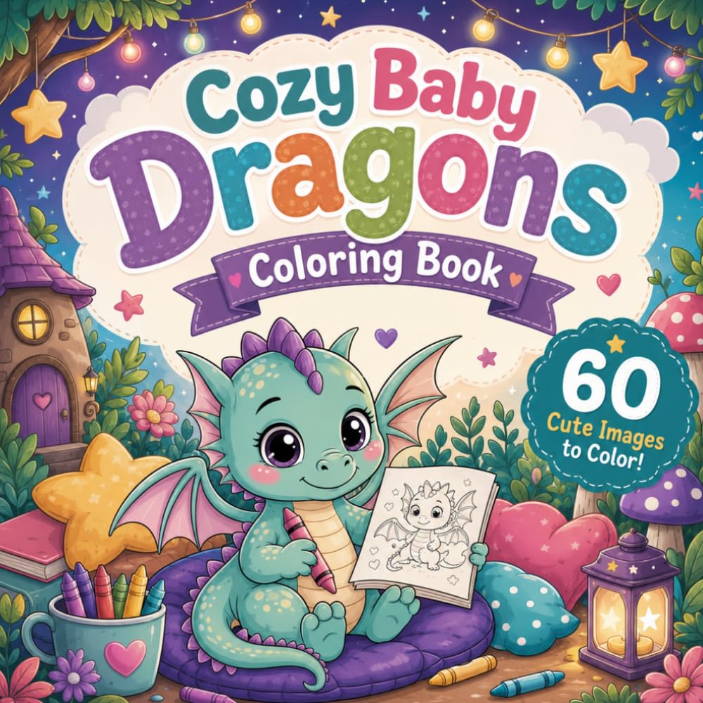 Cozy Baby Dragons Coloring Book: 60 Cute and Easy Dragon Designs for Kids Relaxing Fantasy Coloring Pages with Adorable Baby Dragons, Stars, Clouds, and Cozy Scenes