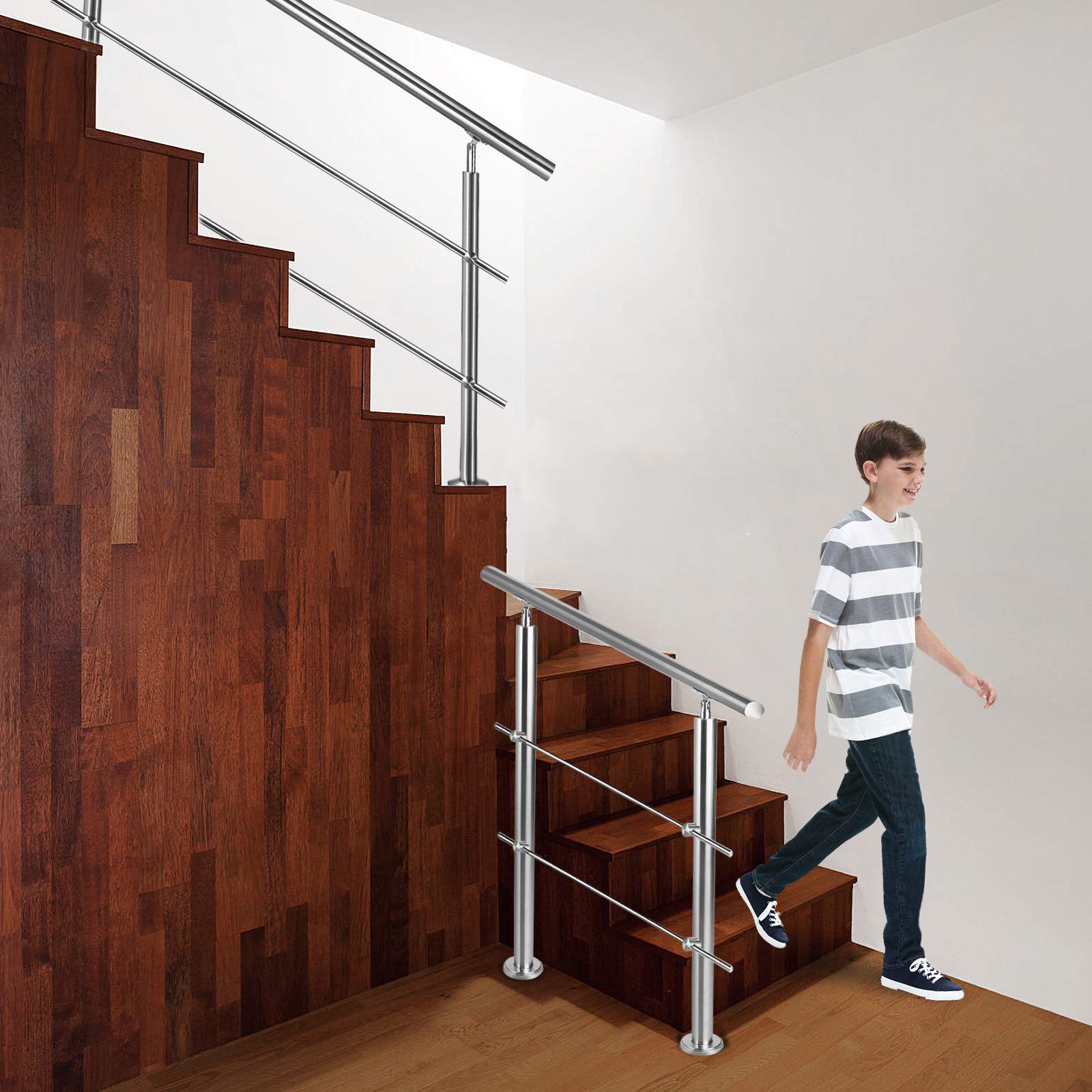 Aufun Trapleuning roestvrij staal, handrail, leuning, reling voor trappen, binnen en buiten, balkon, balustrade, zilver, lengte