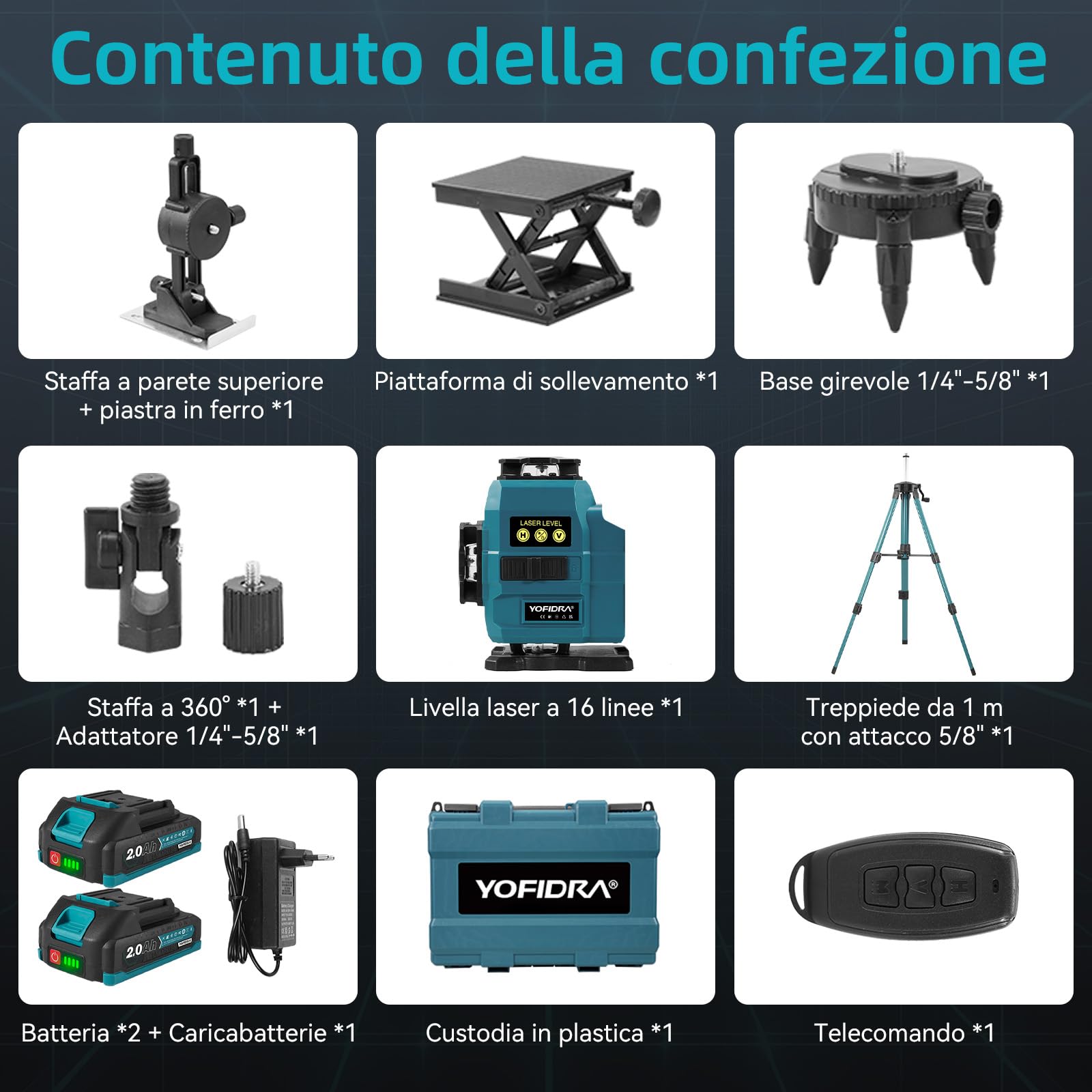 Yofidra Livella Laser con Treppiede - Laser a Linee Incrociate, Laser Autolivellante 4 x 360°, 4D 16 Linee, con 2 Batterie da 2000 mAh, Telecomando, IP54, per Cantieri, Interni