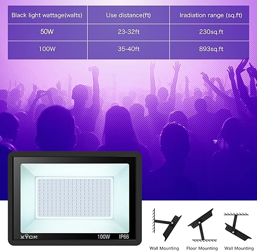 Miniatura 5 de Paquete de 2 luces LED negras de 100 W, luz de inundación negra con enchufe e interruptor, luz de inundación negra impermeable IP66 para fiesta