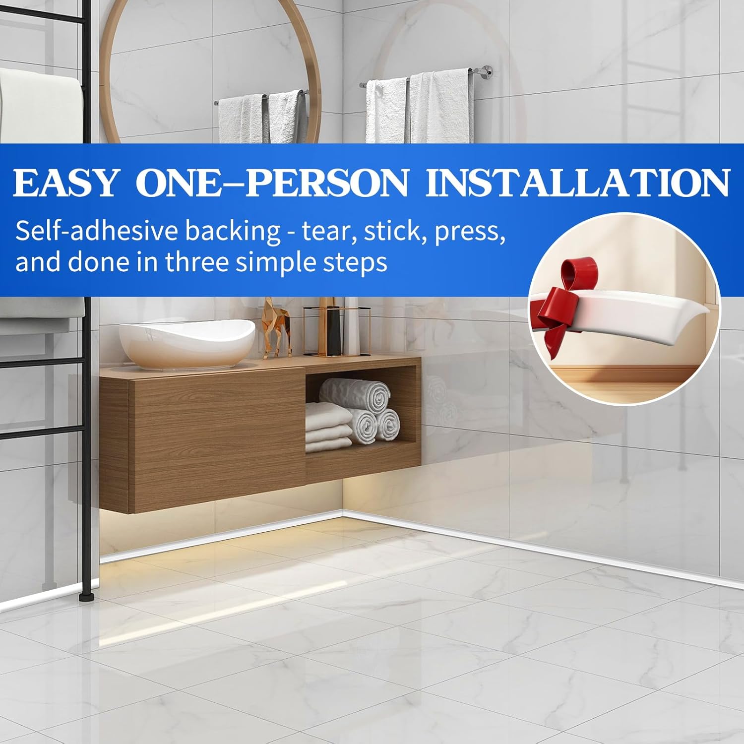 Flexible Quarter Round Molding Bendable Molding Trim 59 Inch Self Adhesive Vinyl Wall Base Peel and Stick Rubber Edge Trim for Floor,Tub,Around Curved Stairs (White, 59 Inch)