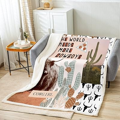 Western Cowboys Kids Throw Blanket,Highland Cattle Cactus Bull Skull Bed Blanket,Girls Boys Adults Sofa Decor,Geometric Patchwork Fleece Blanket,Rustic Fuzzy Blanket,Throw Size (50 x 60 Inches)