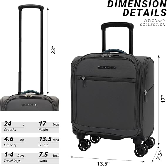 Verage 14 inch Underseat Carry On Luggage with Wheels, Grey Softside Small Suitcase Spinner Wheeled Rolling Travel Laptop Bag for Airlines Airplanes Short Trip Men Women