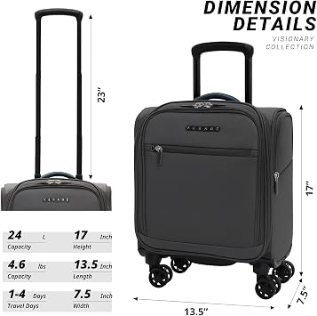 Verage 14 inch Underseat Carry On Luggage with Wheels, Grey Softside Small Suitcase Spinner Wheeled Rolling Travel Laptop Bag for Airlines Airplanes Short Trip Men Women