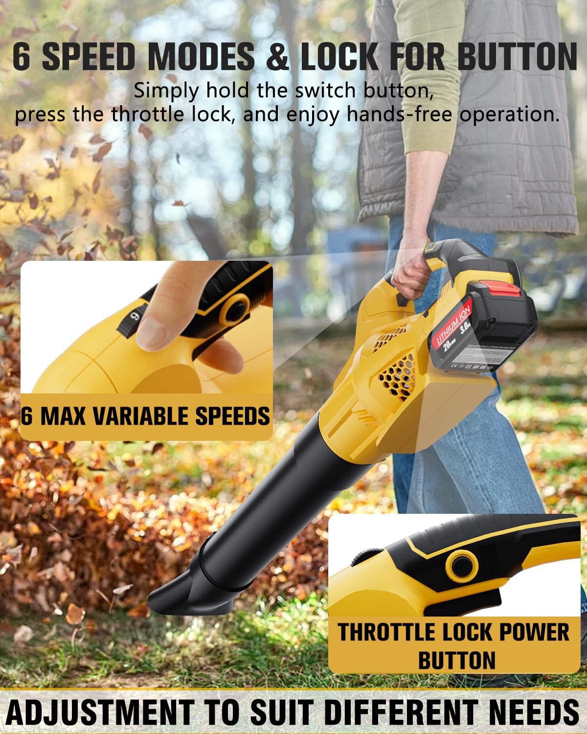 Leaf Blower Cordless Compatible with Dewalt 20V Max Battery, Electric Cordless Leaf Blower with 2× 3.0Ah Batteries and Charger,6 Speed Levels & 500CFM,Blowers for Lawn Care, Blowing Leaves, Dust, Snow