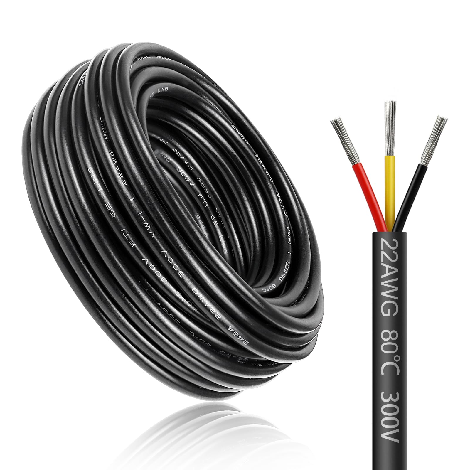 LightingWill 32.8FT/10M 22AWG 3x0.3mm² Electrical Wire 3 Core Cable, 22 Gauge 5V/12V/24V/240V/300V Low Voltage Flexible Extension Cable, Tinned Copper Wires, High Temperature Resistant