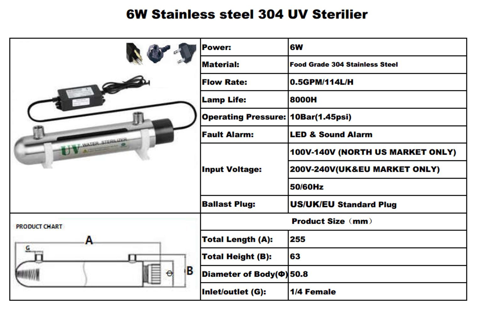 6W UV Wasserreiniger 0.5GPM UV Wasserfilter