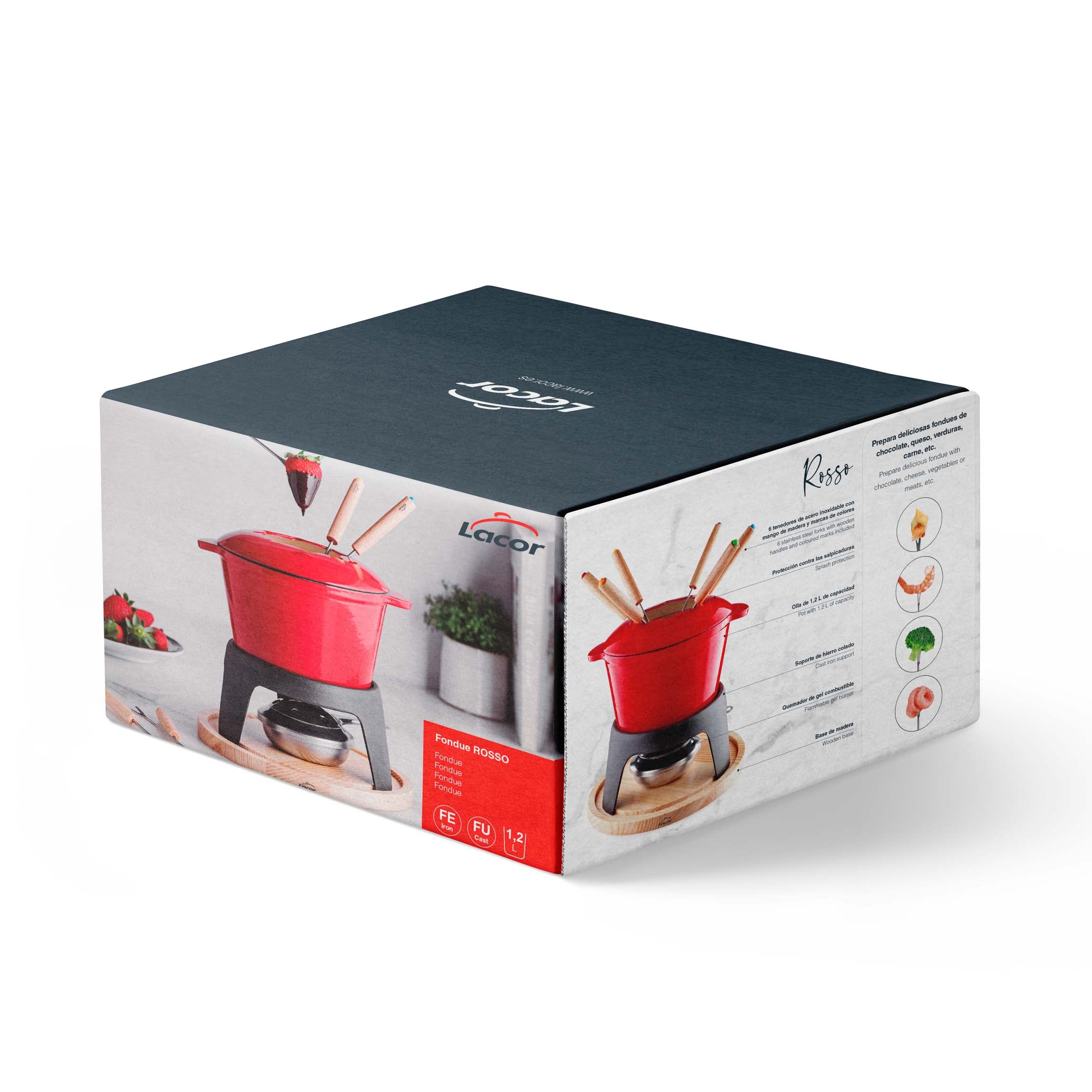 Lacor - 71711 - Service à fondue en fer forgé émaillé, support en fer avec base en bois, adapté à l'induction, 6 fourchettes Ø 16,5 x 10 cm (1,7 litres), Rouge