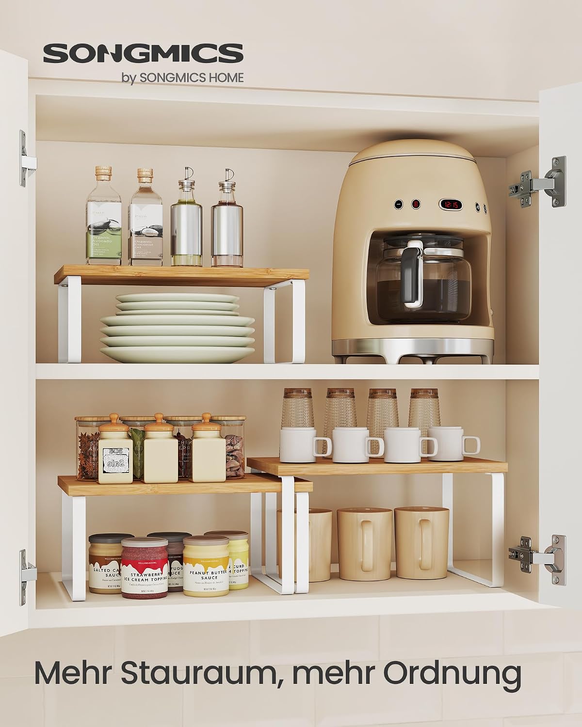 SONGMICS Spice Rack, Set of 3 Kitchen Organisers, Kitchen Shelves, Stackable, Expandable, Metal and Wood Material, Cloud White/Natural Beige KCS014YL02 19,5T x 29,7B x 15,8H cm Cloud White + Natural Beige