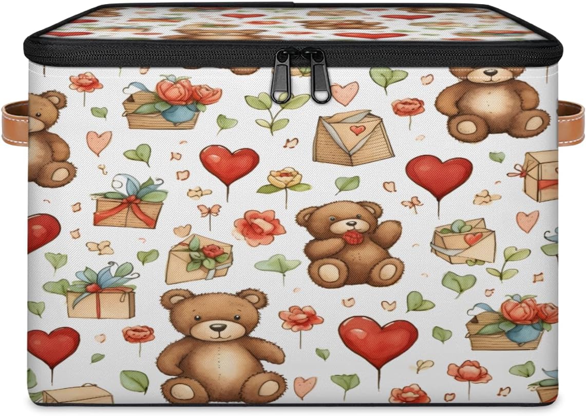 Storage Bin Set of 2 Bear Balloon Storage Basket with Zipper Lid & Handle Foldable Closet Shelf 2 Pack Cloth Organizer Basket Cube Bins Clothes Organizer for Bedroom, Nursery