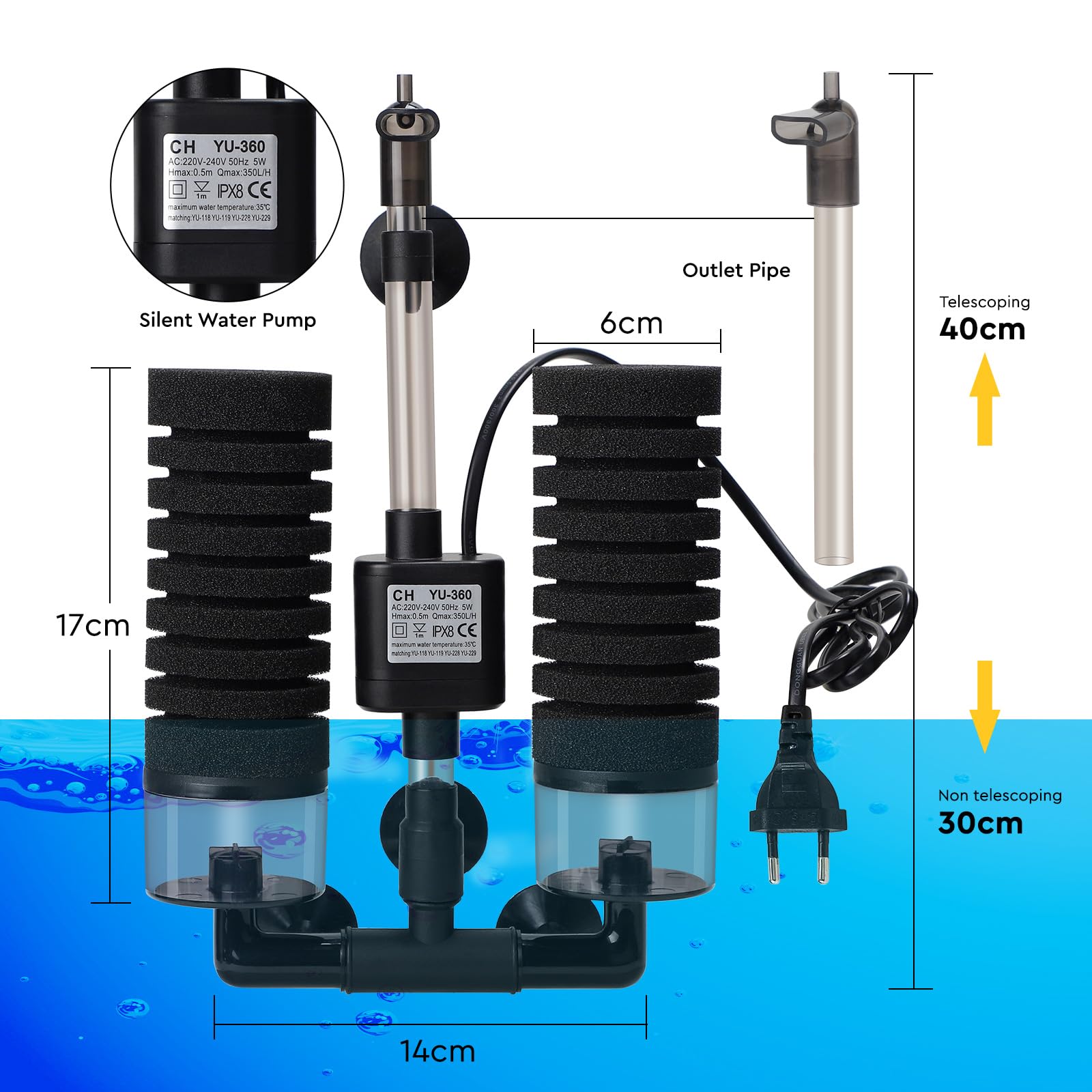 SWAWIS Schwammfilter Aquarium mit 2 Paar Ersatzschwämmen, Leise Schaumfilte mit Filterkugel, Elektrischer Aquarium Filter für Biologische und Mechanische Filterung Sauerstoffanreicherung(M)