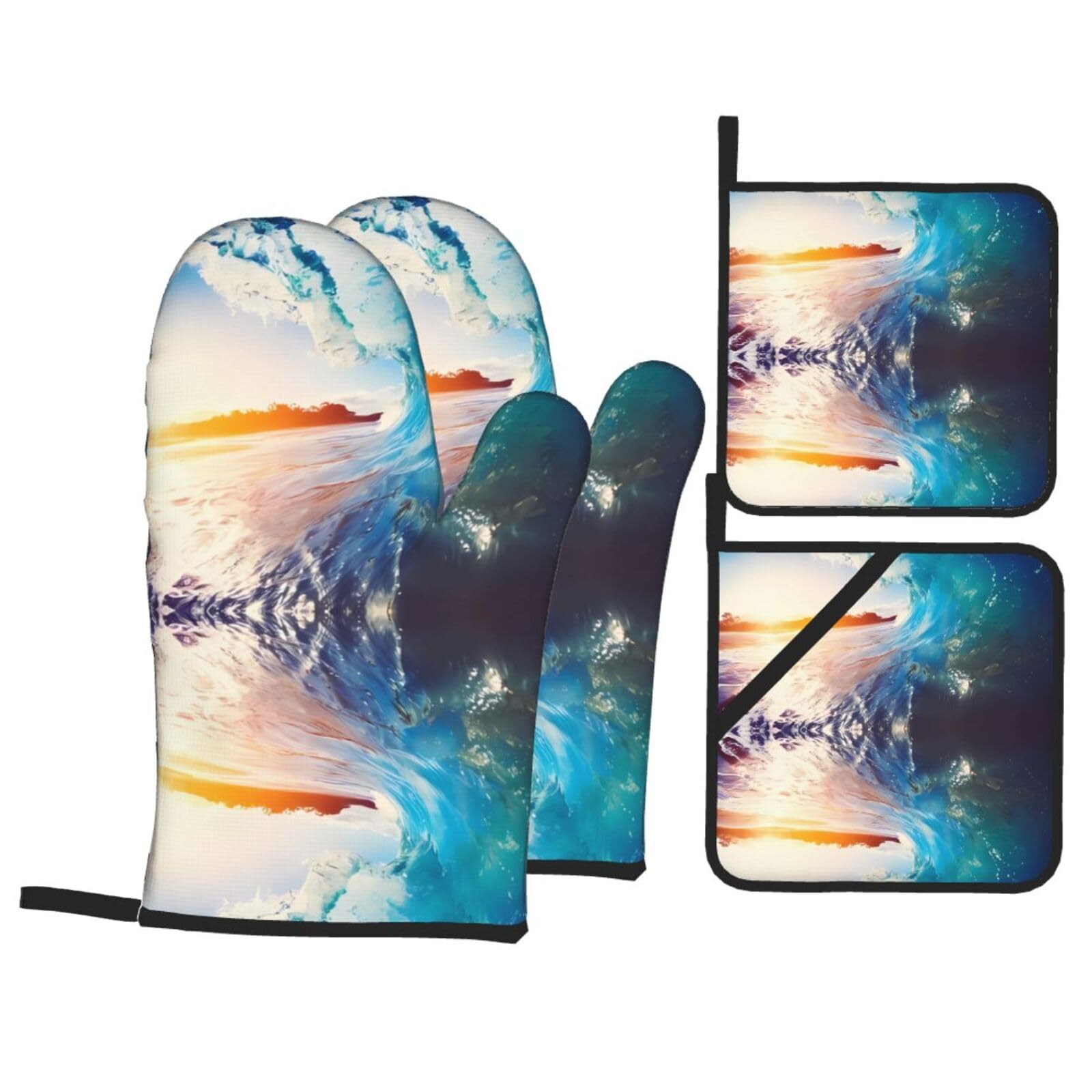 WHJSSF Sunset Sea Surfing Seascape Prints 4-Piece Waterproof Oven Throws & Heat Resistant Pot Covers – Durable Kitchen Layers for Grilling & Baking
