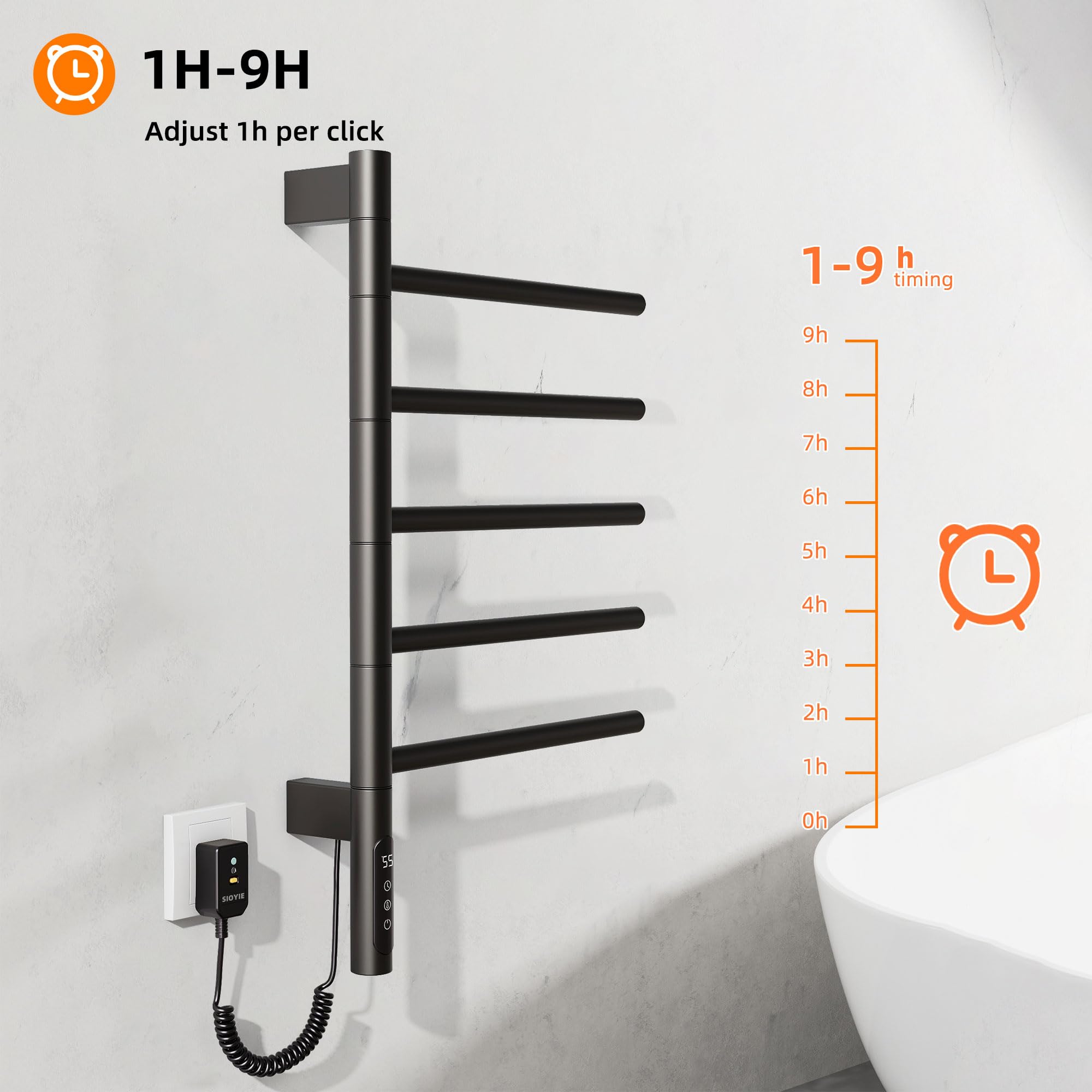 Radiador Toallero Eléctrico para Baño, Rotación de 180° Secatoallas eléctrico, 415 x 680mm, 85W, WiFi Negro Toallero Electrico Baño, Calentador Toallas, Secatoallas, Ahorro de energía-G63 WiFi Black