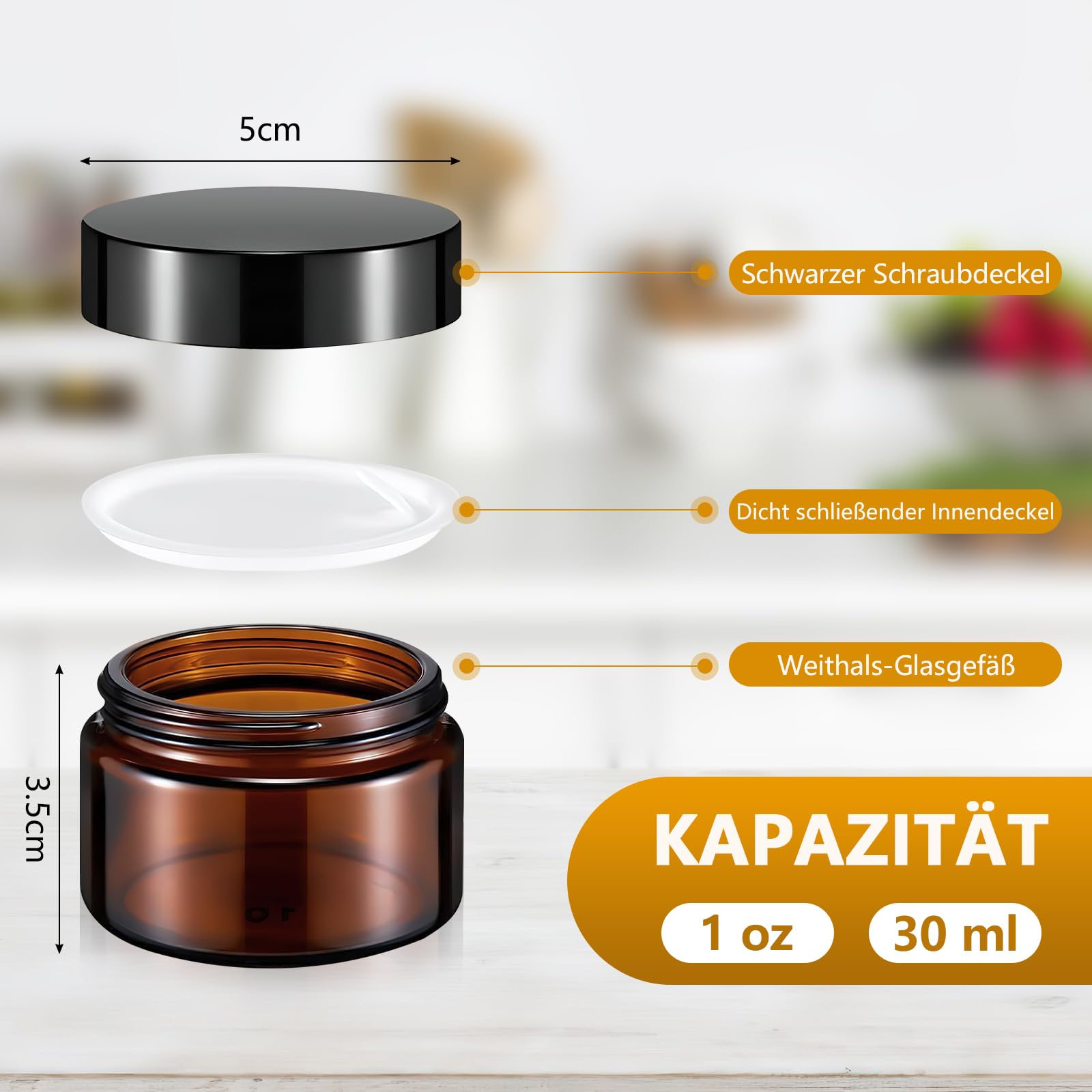 60 barattoli per unguento in vetro ambrato da 30 ml, con coperchio, piccoli contenitori per cosmetici, rotondi, vuoti, per lozioni, campioni, polvere, sali da bagno