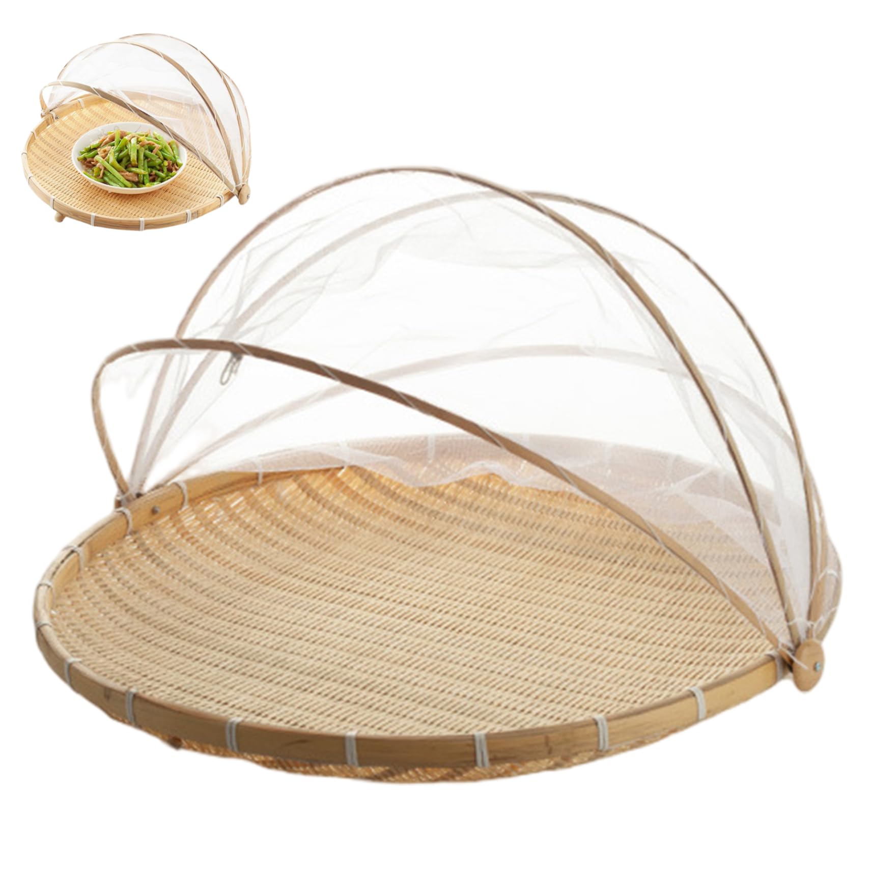 Hbbgdiy 12 Inch Bamboo Mesh Fruit Basket with Lid & Gauze Cover, Outdoor Food Tent for Vegetables, Fruits, Bread, Home Kitchen Food Storage