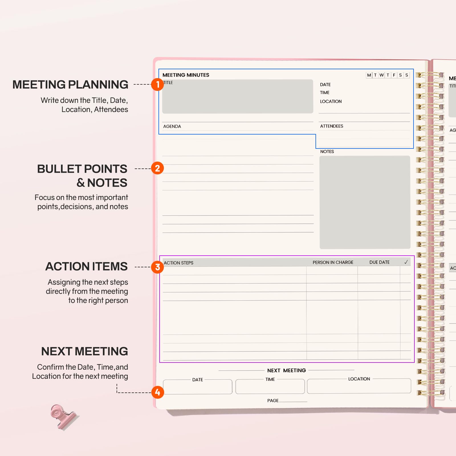 SUNEE Quaderno per riunioni per lavoro con oggetti di azione, 240 pagine, formato A4, agenda per riunioni, agenda e minuti per donne, uomini, appunti, ufficio, ufficio, affari, 21,5 x 28,9 cm, rosa